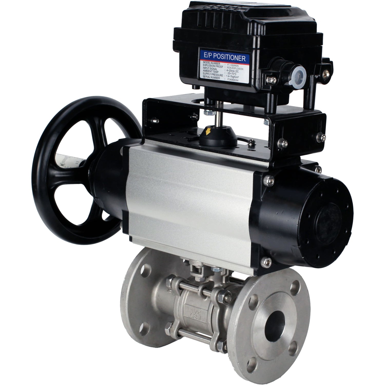 Ball valves Elephant BV3232P(3pc)-FP-F-ISO-H DN65-100 25/40 bar flanged with ISO flange, body - 316 stainless steel, full bore, seal - PTFE, with pneumatic drive PA-DA-105-1, YT-1000RSN electro-pneumatic positioner without feedback