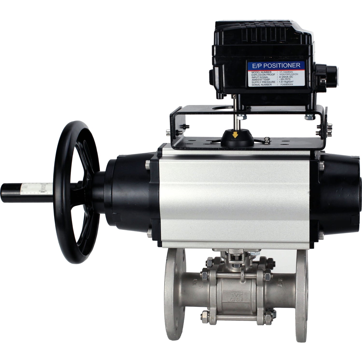 Ball valves Elephant BV3232P(3pc)-FP-F-ISO-H DN65-100 25/40 bar flanged with ISO flange, body - 316 stainless steel, full bore, seal - PTFE, with pneumatic drive PA-DA-105-1, YT-1000RSN electro-pneumatic positioner without feedback