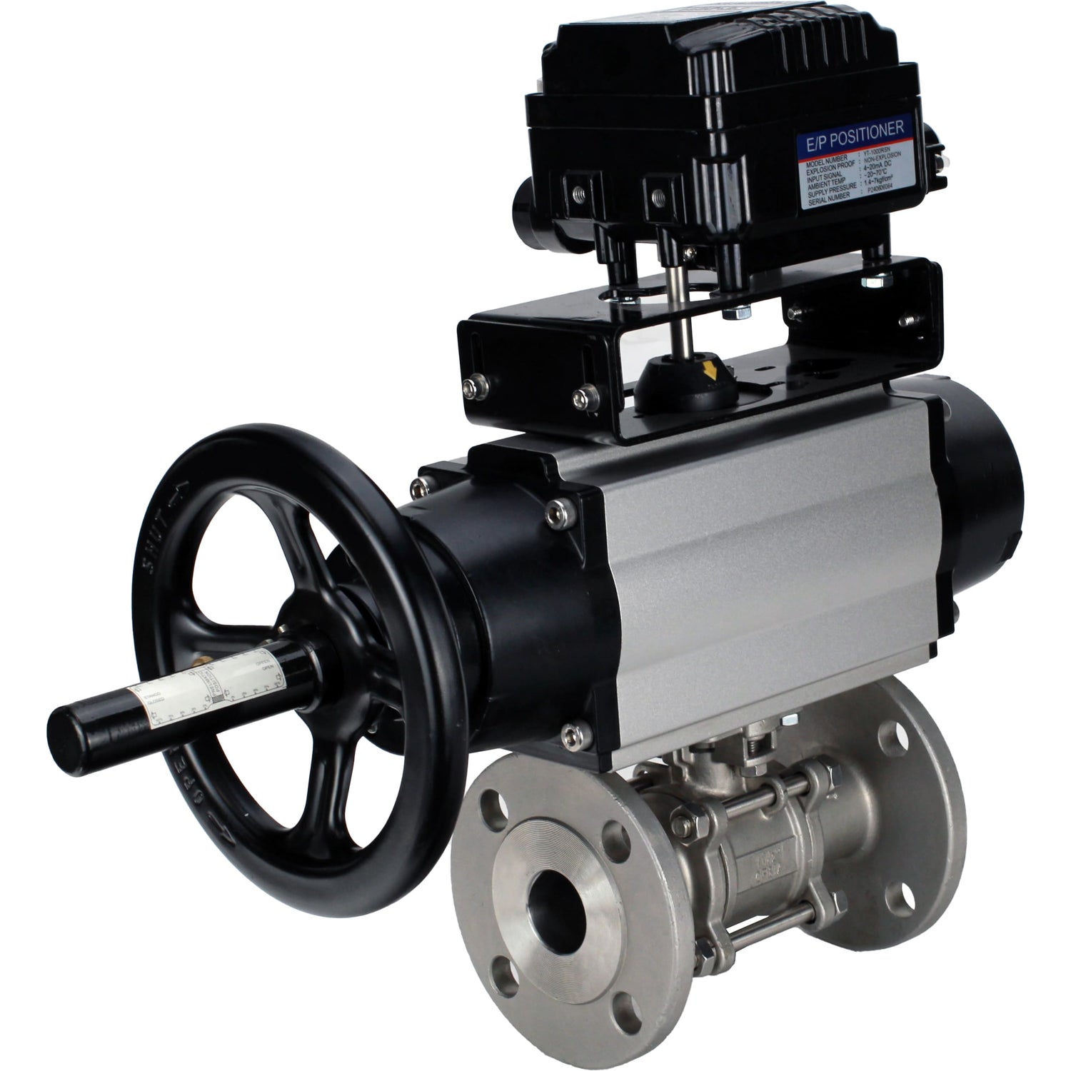 Ball valves Elephant BV3232P(3pc)-FP-F-ISO-H DN65-100 25/40 bar flanged with ISO flange, body - 316 stainless steel, full bore, seal - PTFE, with pneumatic drive PA-DA-105-1, YT-1000RSN electro-pneumatic positioner without feedback