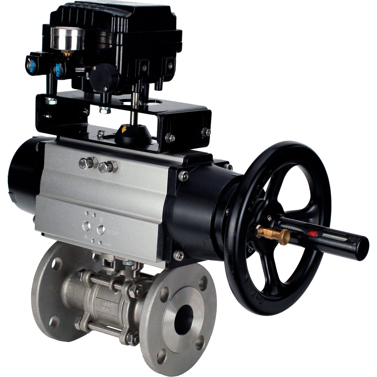 Ball valves Elephant BV3232P(3pc)-FP-F-ISO-H DN65-100 25/40 bar flanged with ISO flange, body - 316 stainless steel, full bore, seal - PTFE, with pneumatic drive PA-DA-105-1, YT-1000RSN electro-pneumatic positioner without feedback