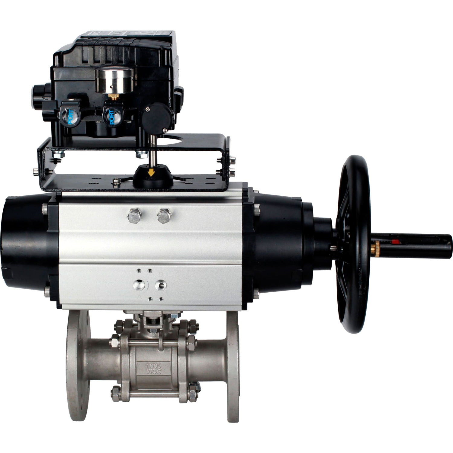 Ball valves Elephant BV3232P(3pc)-FP-F-ISO-H DN65-100 25/40 bar flanged with ISO flange, body - 316 stainless steel, full bore, seal - PTFE, with pneumatic drive PA-DA-105-1, YT-1000RSN electro-pneumatic positioner without feedback