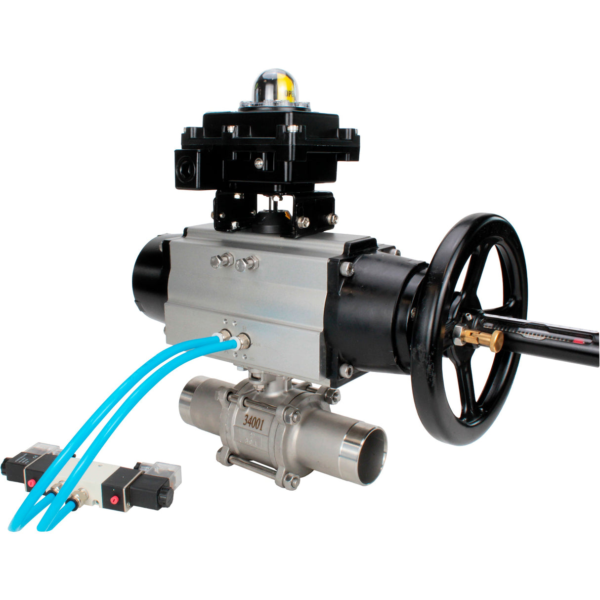 Ball valves Elephant BV3131P(3pc)-FP-W-ISO-H LONG, body material - Stainless steel AISI 304, seal - PTFE / PTFE / Teflon, with pneumatic actuator double action PA-DA-105-1, 4V320-10 220V, LSU APL-410N Ex