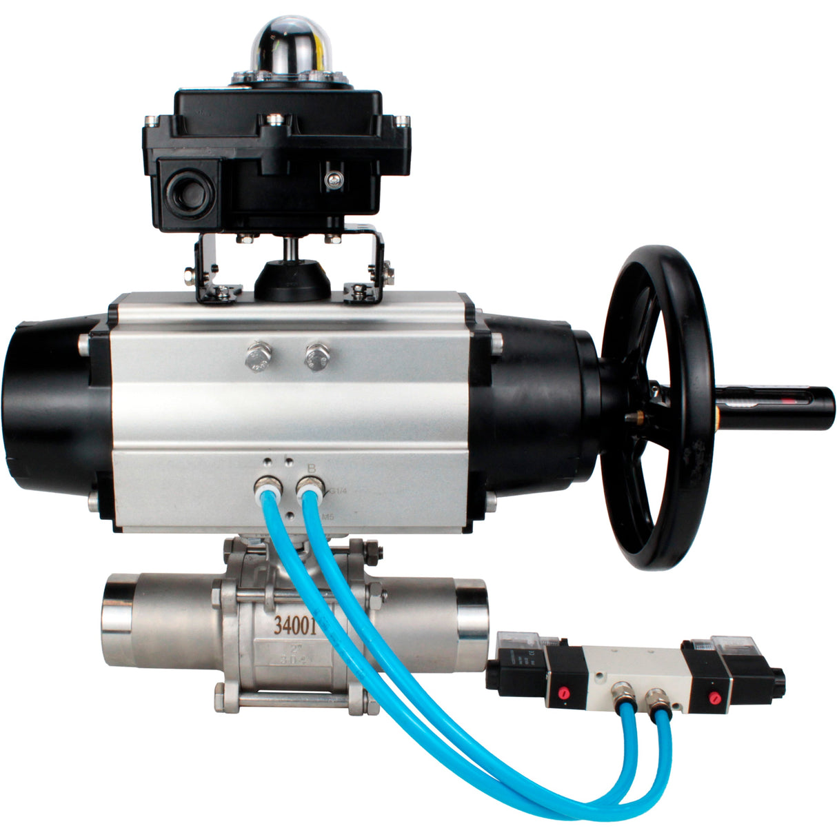 Ball valves Elephant BV3131P(3pc)-FP-W-ISO-H LONG, body material - Stainless steel AISI 304, seal - PTFE / PTFE / Teflon, with pneumatic actuator double action PA-DA-105-1, 4V320-10 220V, LSU APL-410N Ex