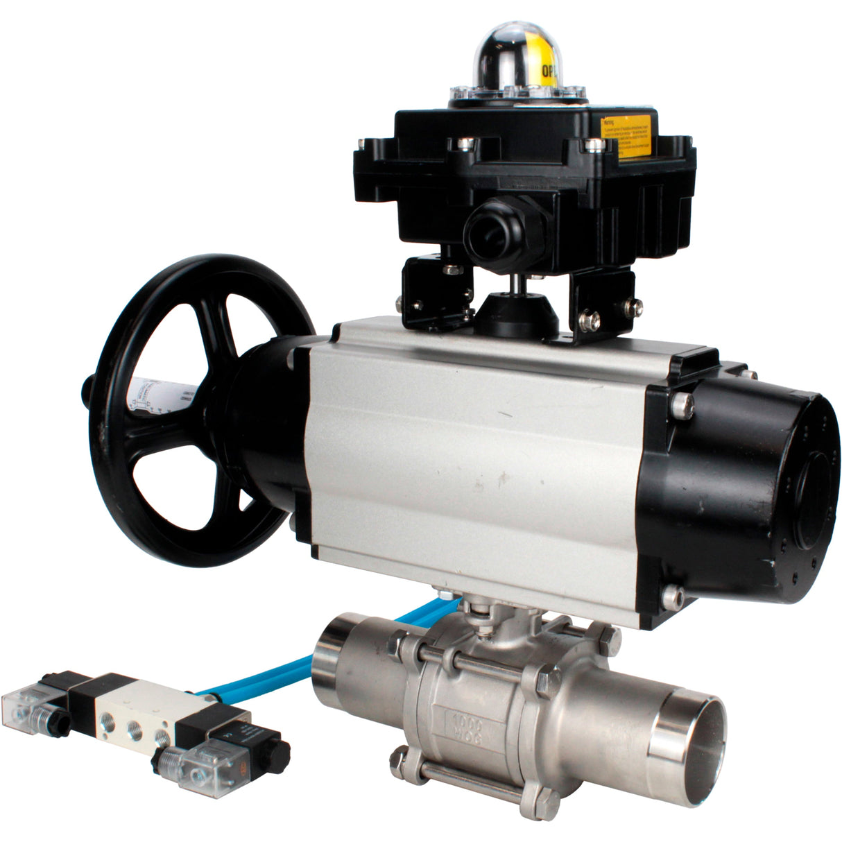 Ball valves Elephant BV3131P(3pc)-FP-W-ISO-H LONG, body material - Stainless steel AISI 304, seal - PTFE / PTFE / Teflon, with pneumatic actuator double action PA-DA-105-1, 4V320-10 220V, LSU APL-410N Ex