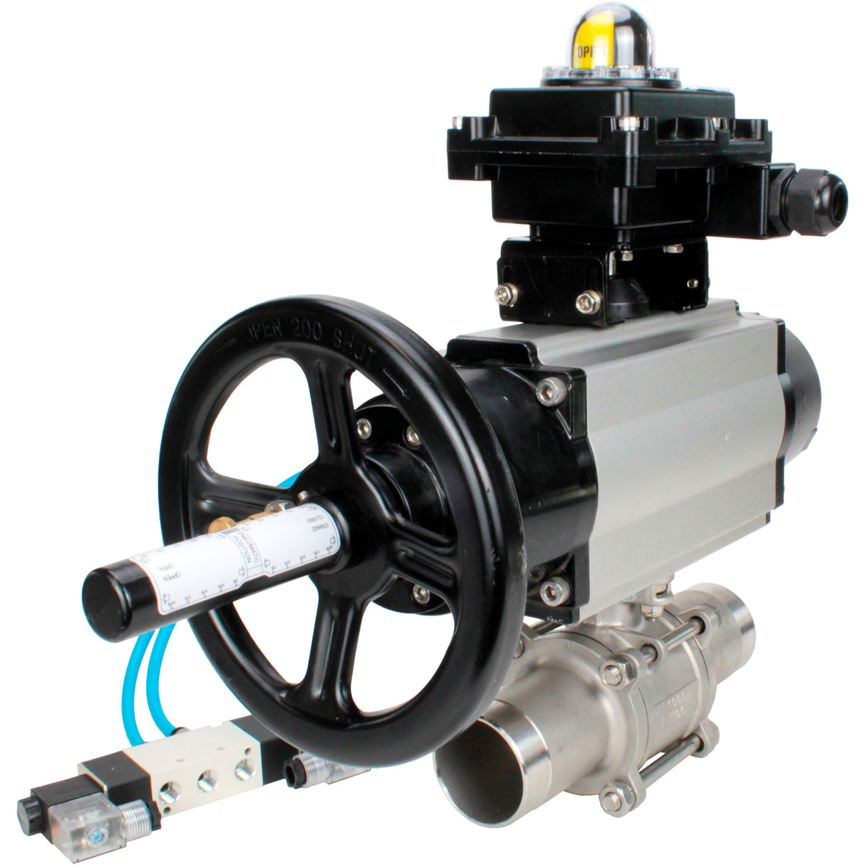 Ball valves Elephant BV3131P(3pc)-FP-W-ISO-H LONG, body material - Stainless steel AISI 304, seal - PTFE / PTFE / Teflon, with pneumatic actuator double action PA-DA-105-1, 4V320-10 220V, LSU APL-410N Ex