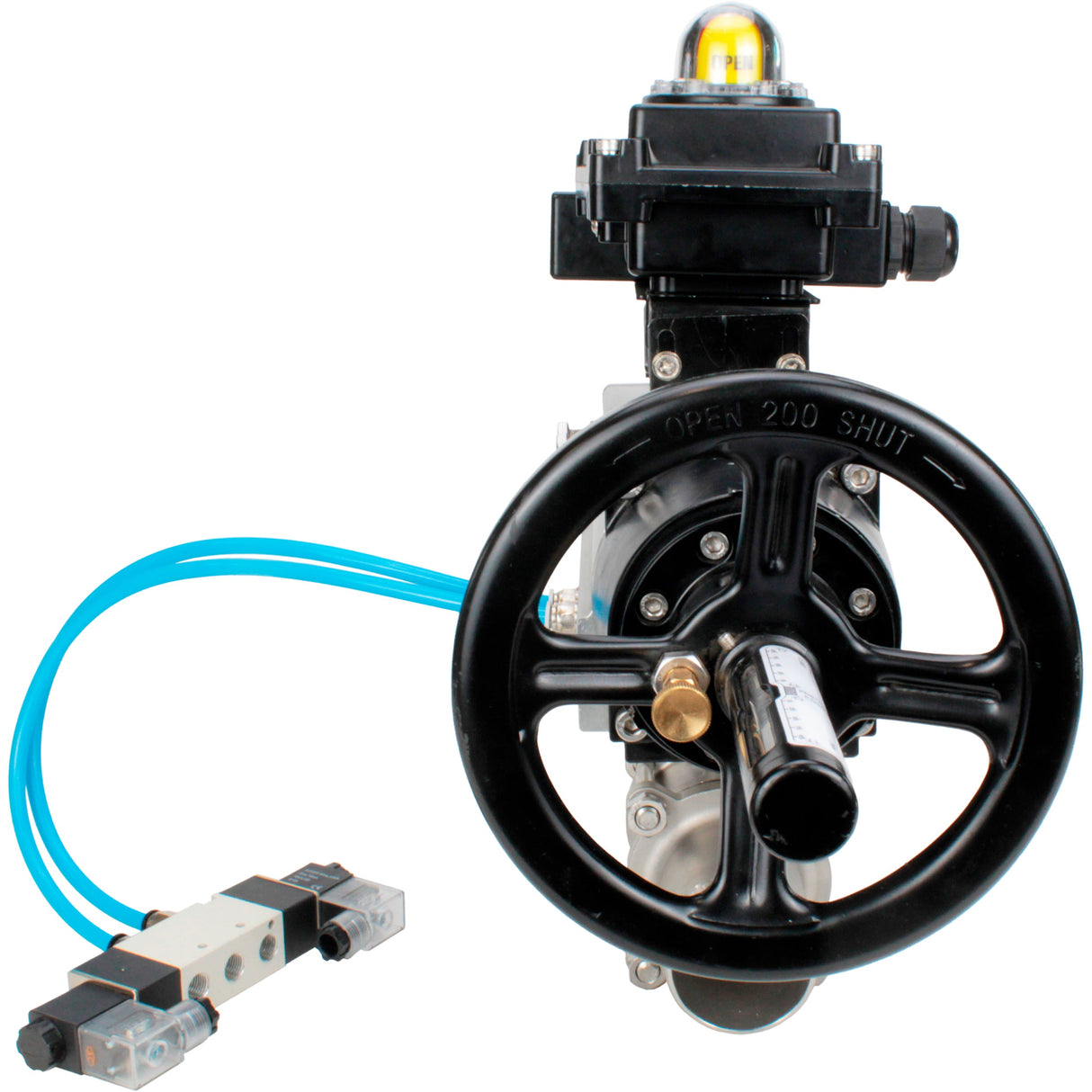 Ball valves Elephant BV3131P(3pc)-FP-W-ISO-H LONG, body material - Stainless steel AISI 304, seal - PTFE / PTFE / Teflon, with pneumatic actuator double action PA-DA-105-1, 4V320-10 220V, LSU APL-410N Ex