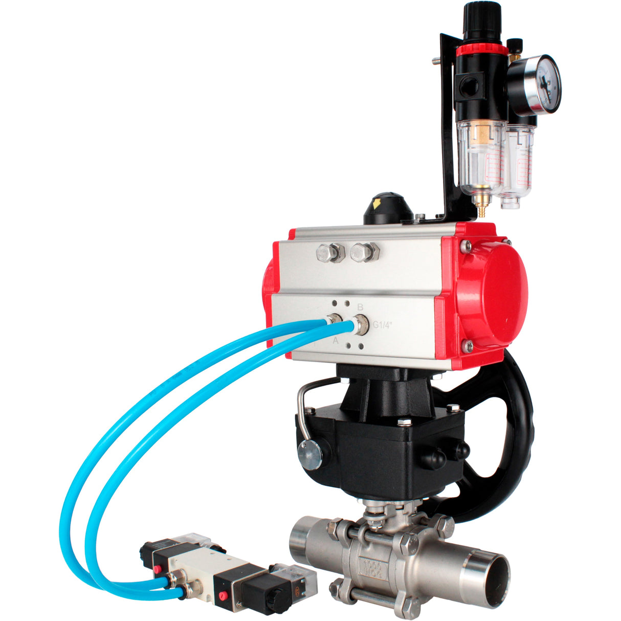 Vannes à boisseau sphérique Elephant BV3232P(3pc)-FP-W-ISO-H LONG à passage intégral, corps - acier inoxydable 316, à souder, avec actionneur pneumatique PA-DA, distributeur pneumatique 4V320-10 220V, réducteur MON et BPV AFC2000