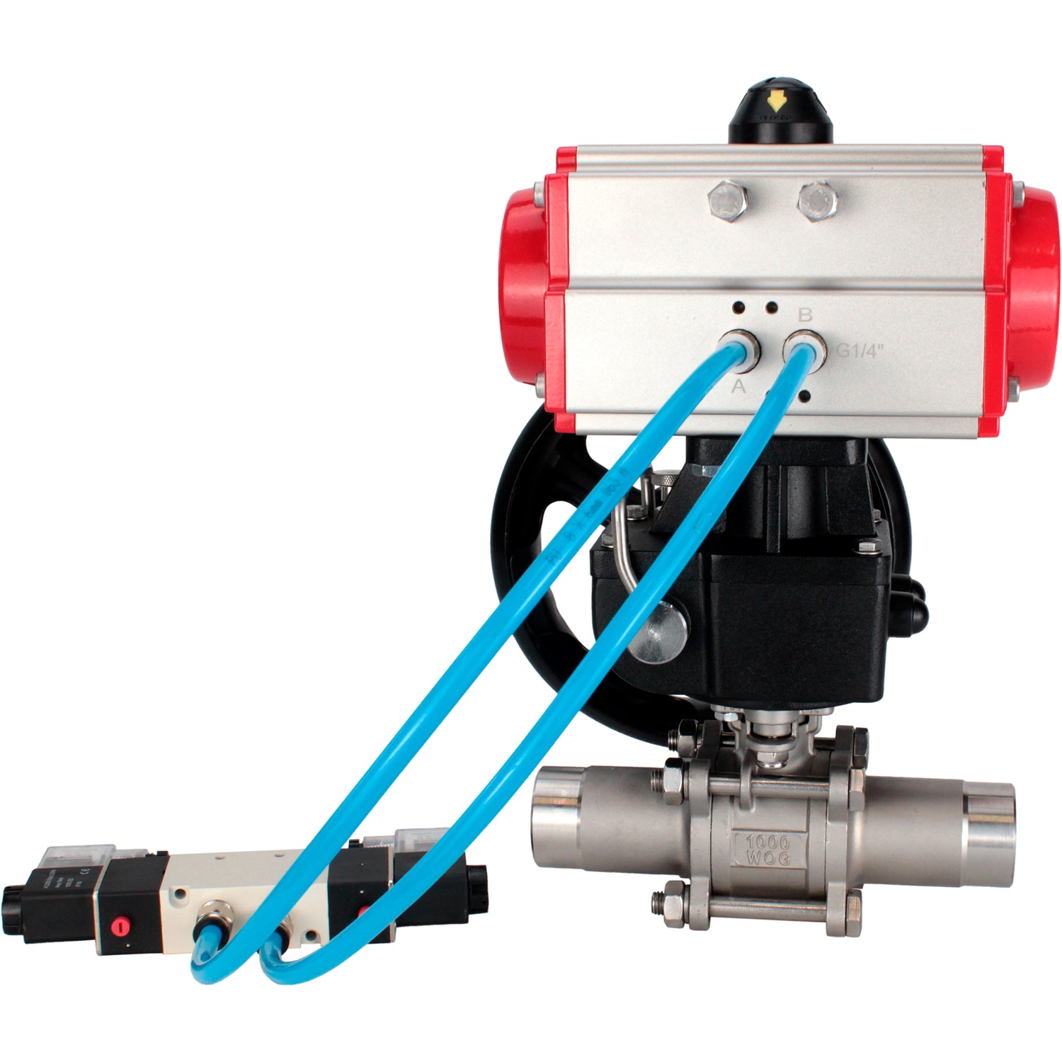 Vannes à boisseau sphérique Elephant BV3232P(3pc)-FP-W-ISO-H LONG à passage intégral, corps - acier inoxydable 316, à souder, avec actionneur pneumatique PA-DA, distributeur pneumatique 4V320-08 220V et réducteur MON