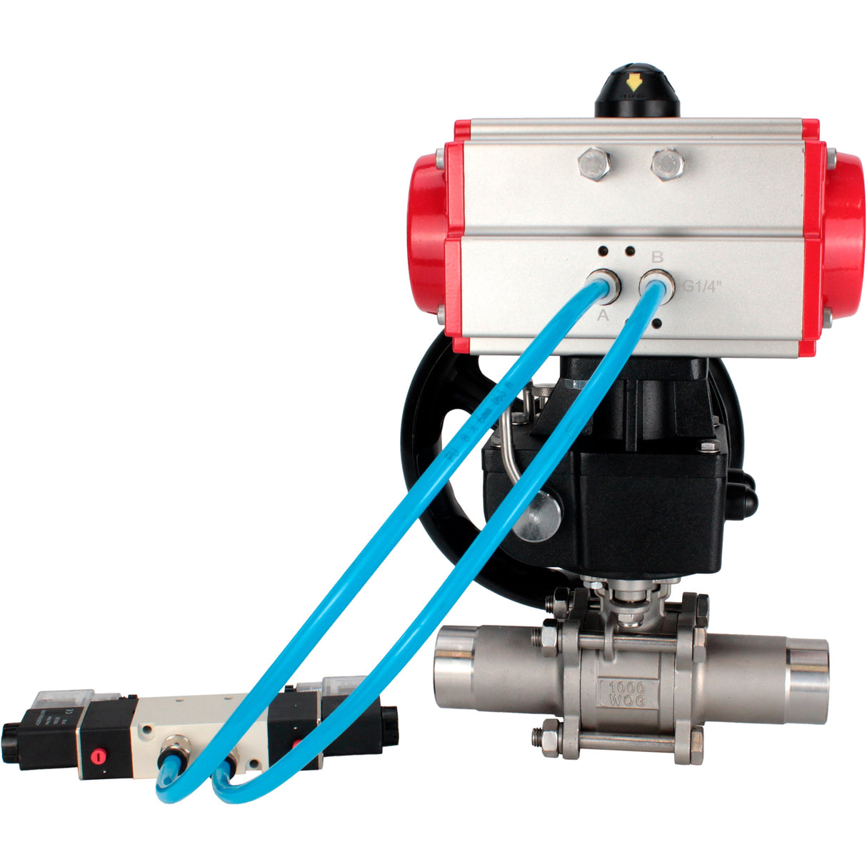 Vannes à boisseau sphérique Elephant BV3131P(3pc)-FP-W-ISO-H LONG à passage intégral, corps - acier inoxydable 304, à souder, avec actionneur pneumatique PA-DA, distributeur pneumatique 4V320-10 220V et réducteur MON