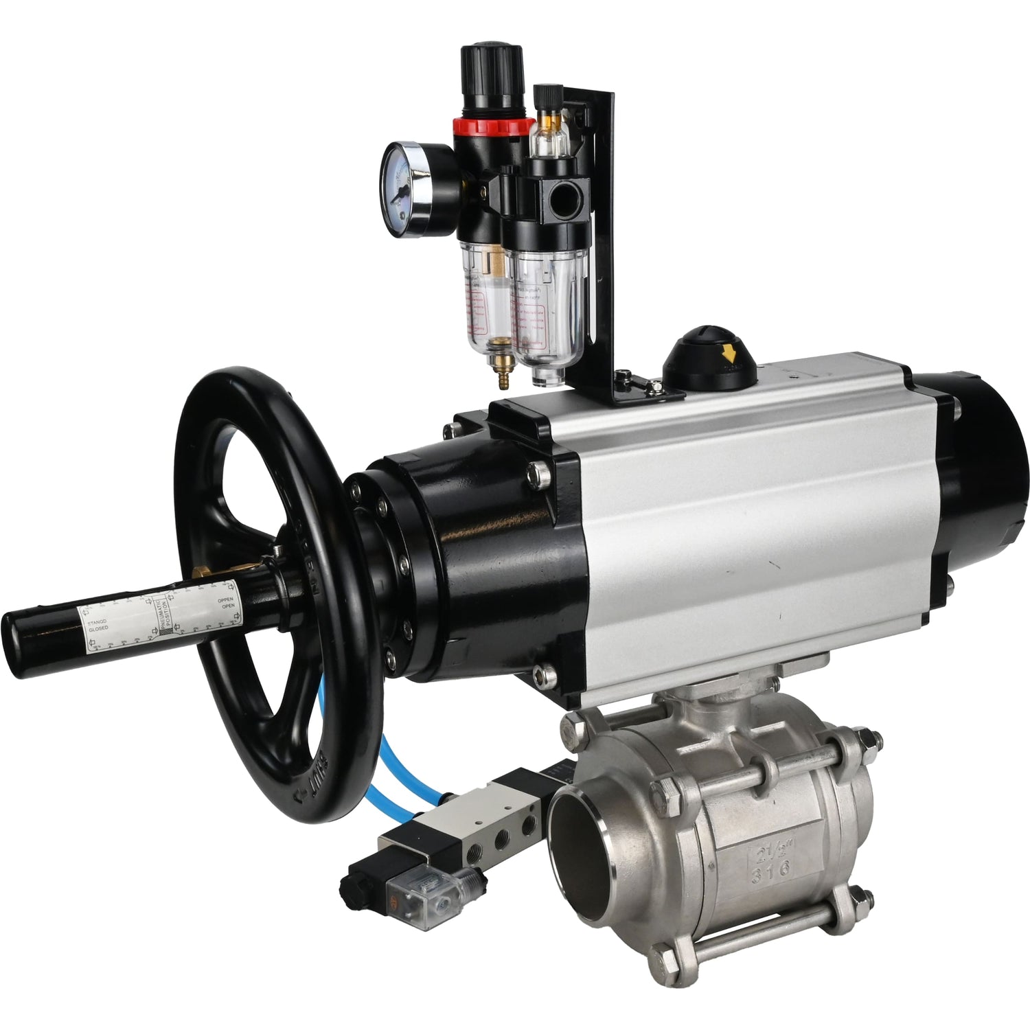 Ball valves Elephant BV3232P(3pc)-FP-W-ISO-H,  body material - Stainless steel AISI 316, seal - PTFE / PTFE / Teflon, with pneumatic actuator double action PA-DA-105-1, 4V320-10 220VATU AFC2000
