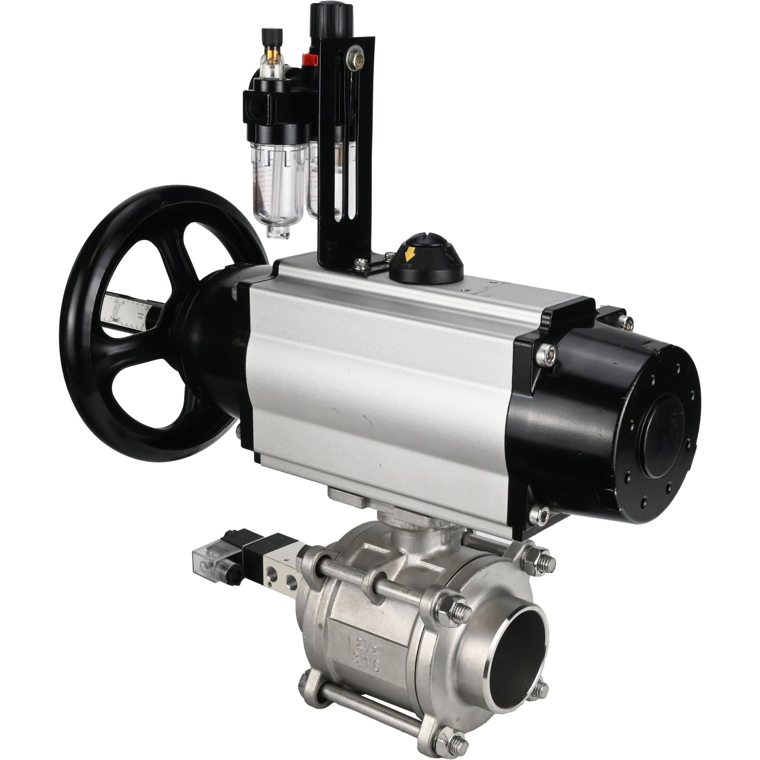 Ball valves Elephant BV3232P(3pc)-FP-W-ISO-H,  body material - Stainless steel AISI 316, seal - PTFE / PTFE / Teflon, with pneumatic actuator double action PA-DA-105-1, 4V320-10 220VATU AFC2000