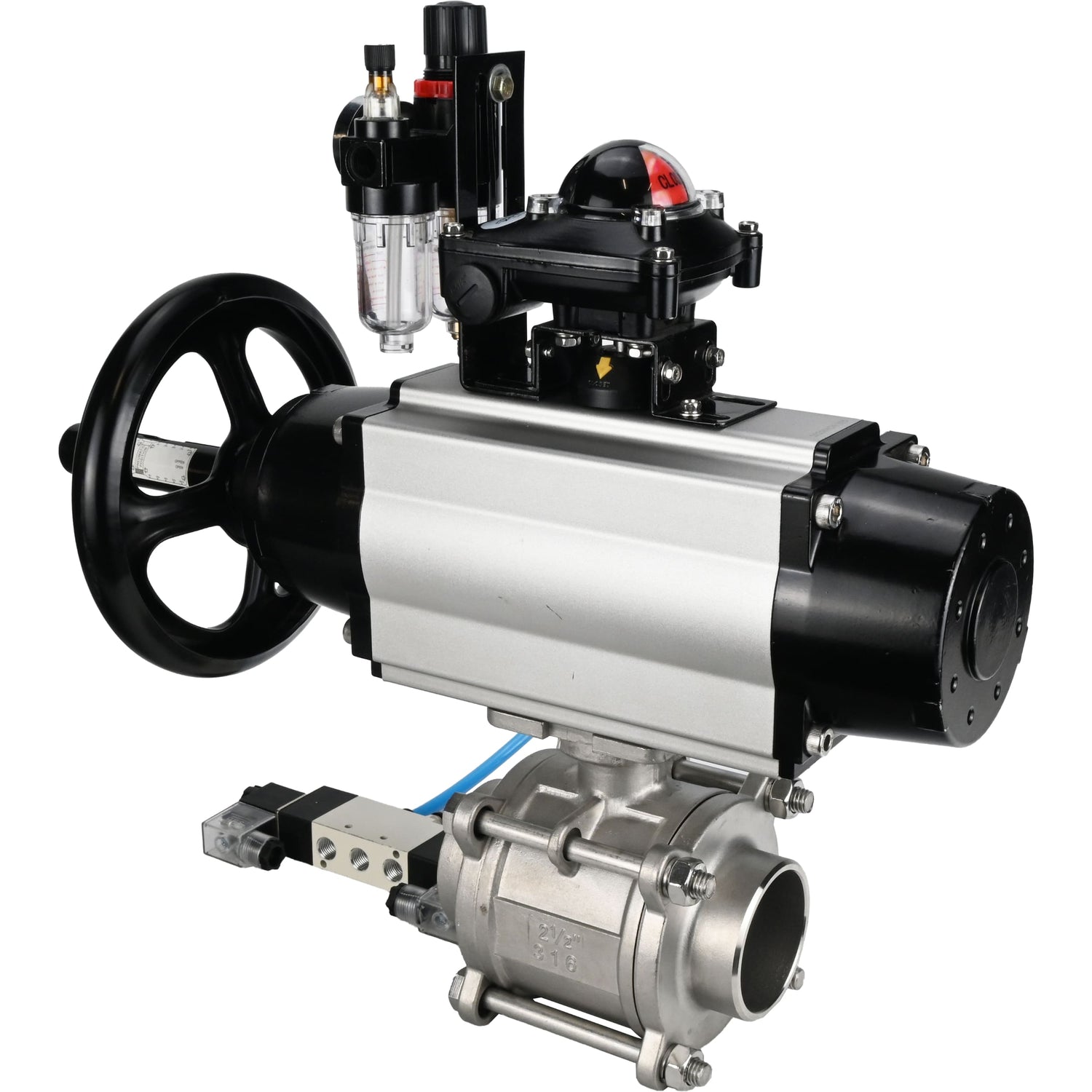 Ball valves Elephant BV3232P(3pc)-FP-W-ISO-H,  body material - Stainless steel AISI 316, seal - PTFE / PTFE / Teflon, with pneumatic actuator double action PA-DA-105-1, 4V320-10 220V, LSU APL-210N, ATU AFC2000