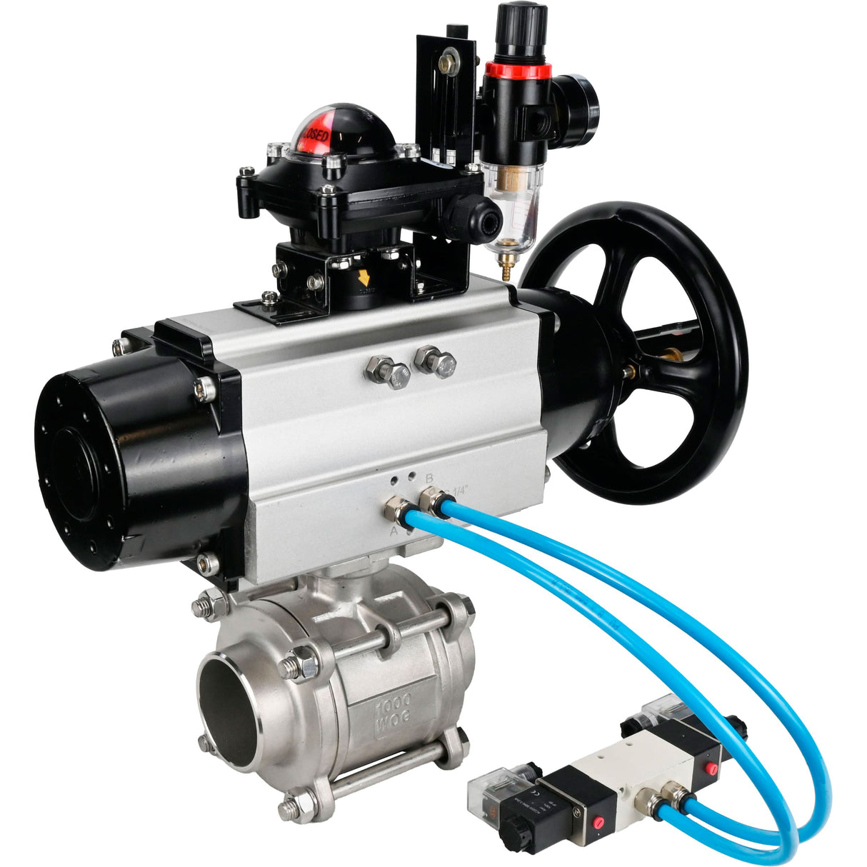 Ball valves Elephant BV3232P(3pc)-FP-W-ISO-H,  body material - Stainless steel AISI 316, seal - PTFE / PTFE / Teflon, with pneumatic actuator double action PA-DA-105-1, 4V320-10 220V, LSU APL-210N, ATU AFC2000