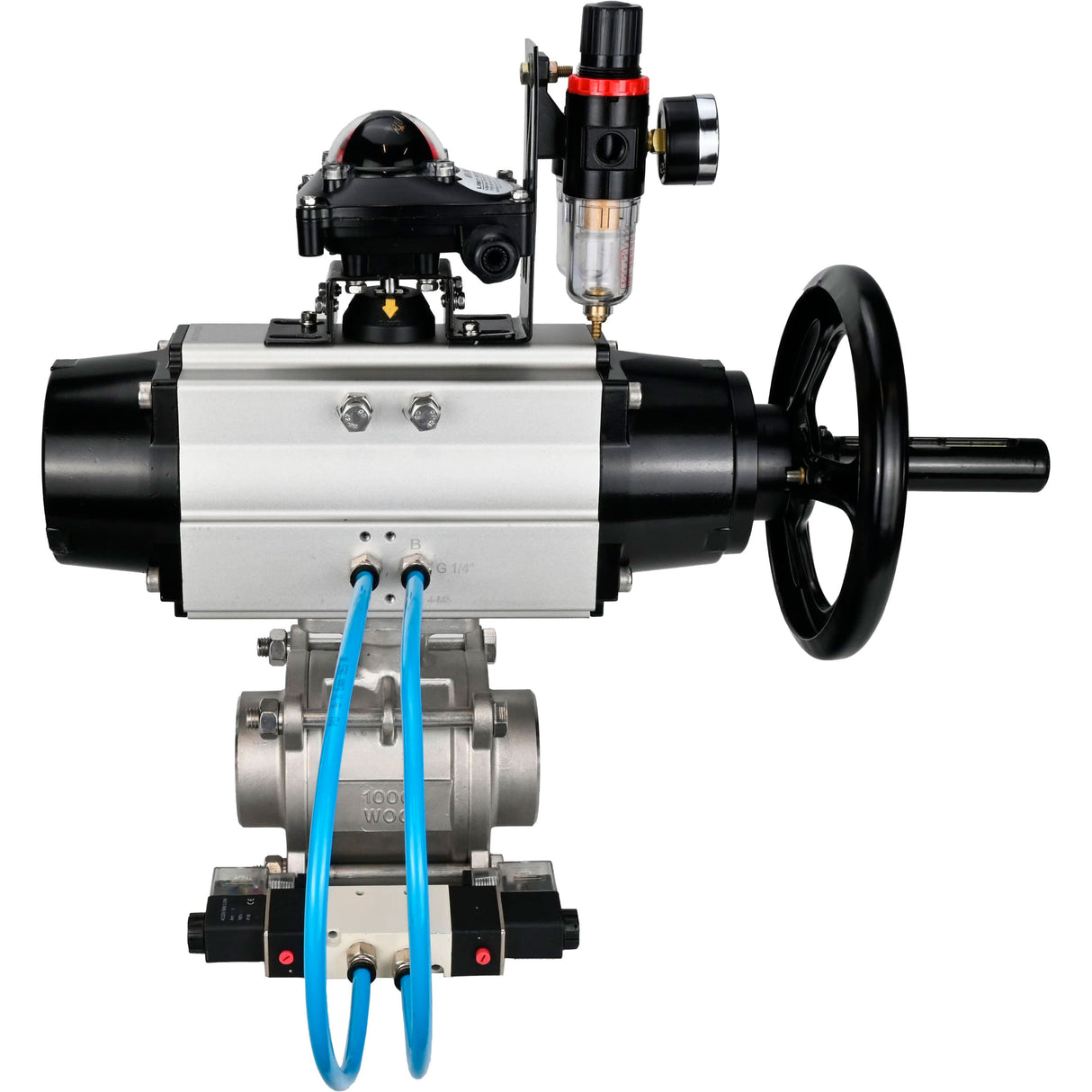 Ball valves Elephant BV3232P(3pc)-FP-W-ISO-H,  body material - Stainless steel AISI 316, seal - PTFE / PTFE / Teflon, with pneumatic actuator double action PA-DA-105-1, 4V320-10 220V, LSU APL-210N, ATU AFC2000
