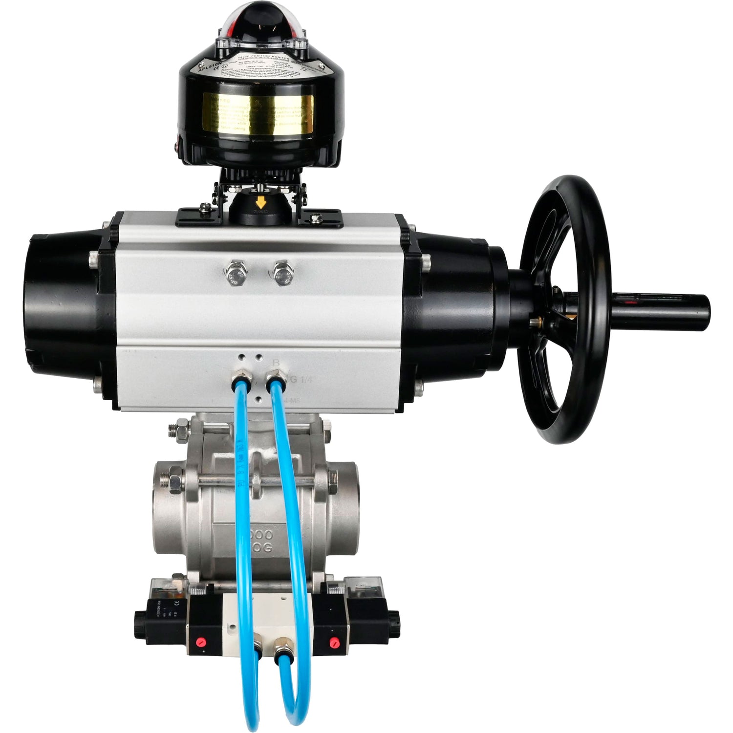 Ball valves Elephant BV3232P(3pc)-FP-W-ISO-H,  body material - Stainless steel AISI 316, seal - PTFE / PTFE / Teflon, with pneumatic actuator double action PA-DA-105-1, 4V320-08 220V, LSU APL-510N Ex