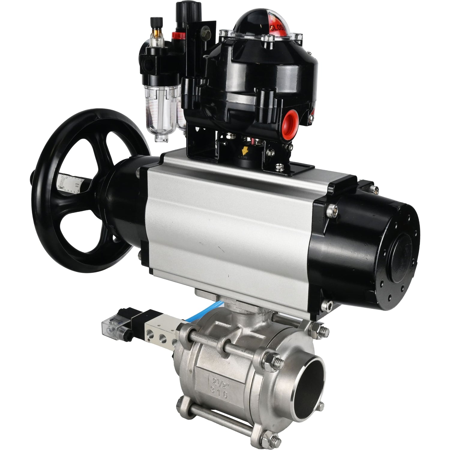 Ball valves Elephant BV3232P(3pc)-FP-W-ISO-H,  body material - Stainless steel AISI 316, seal - PTFE / PTFE / Teflon, with pneumatic actuator double action PA-DA-105-1, 4V320-08 220V, LSU APL-510N Ex, ATU AFC2000