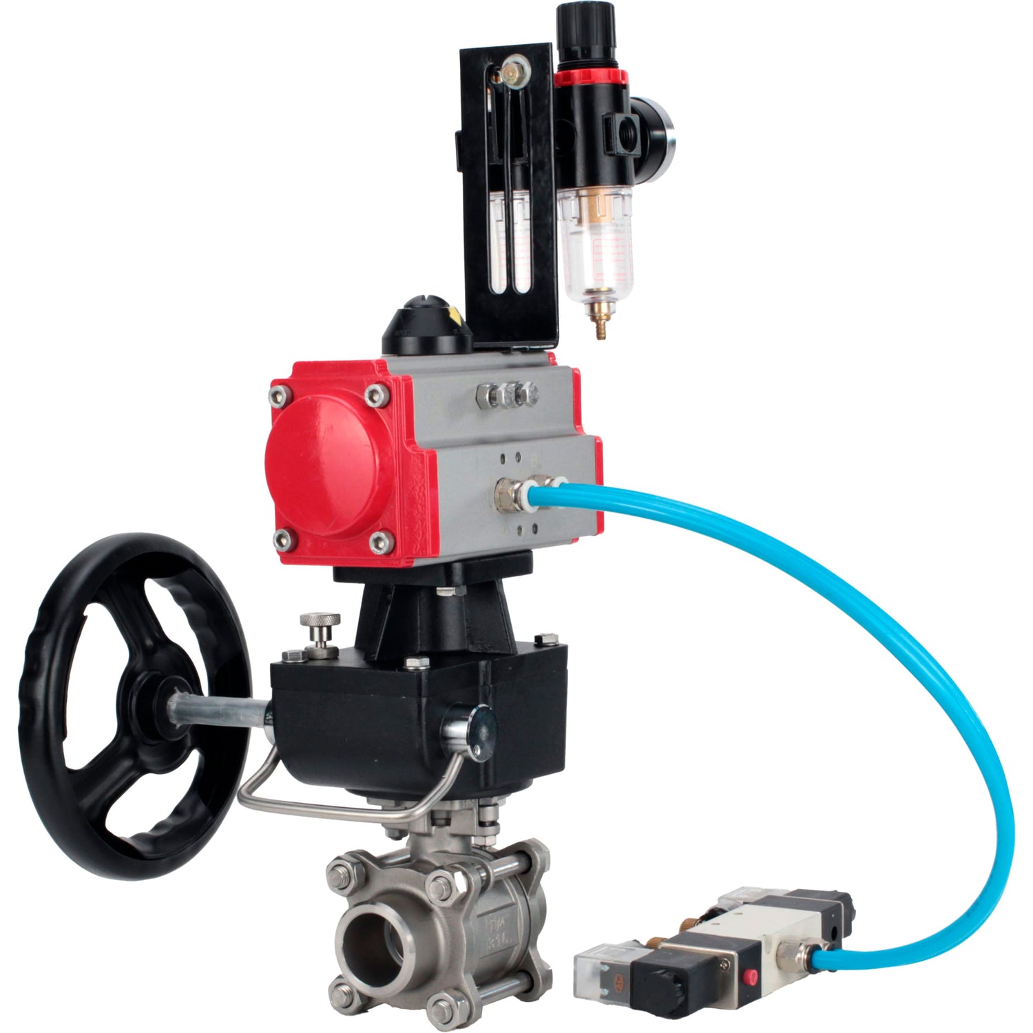 Ball valves Elephant BV3232P(3pc)-FP-W-ISO-H,  body material - Stainless steel AISI 316, seal - PTFE / PTFE / Teflon, with pneumatic actuator double action PA-DA, 4V320-10 220V, handwheel MON, ATU AFC2000