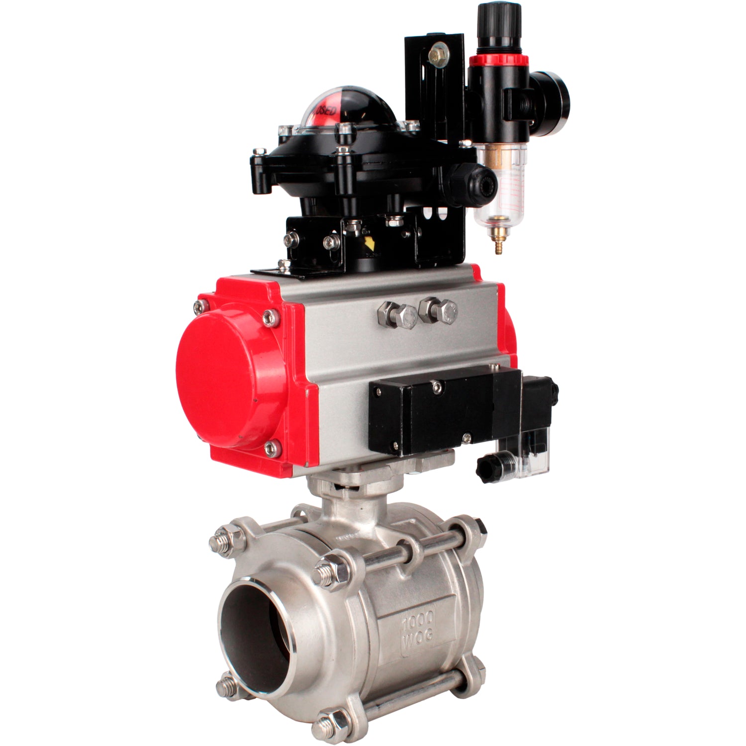 Ball valves Elephant BV3232P(3pc)-FP-W-ISO-H WDVF DN15-32 63 bar full bore, body - 316 stainless steel, seal - PTFE, for welding, with PA-DA pneumatic actuator, pneumatic distributor 4M310-08 NAMUR 24V, LSU APL-210N, ATU AFC2000