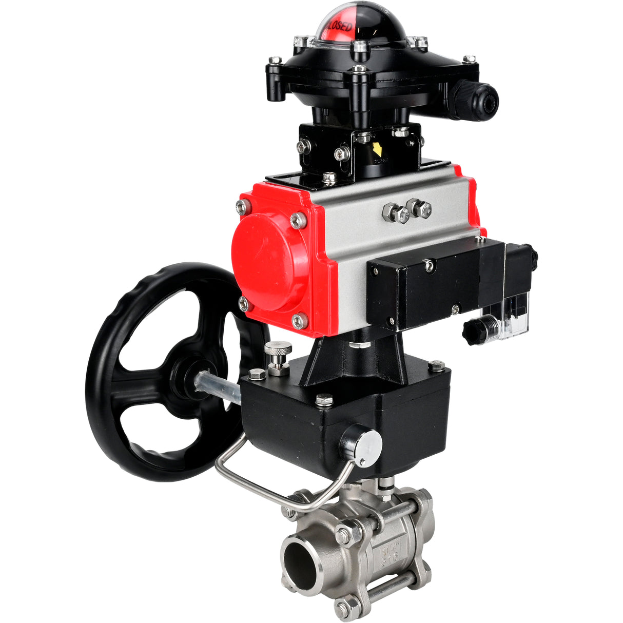 Ball valves Elephant BV3232P(3pc)-FP-W-ISO-H WDVF DN15-32 63 bar full bore, 316 stainless steel, seal - PTFE, for welding, with PA-DA pneumatic actuator, pneumatic distributor 4M310-08 NAMUR 24V, LSU APL-210N, manual backup for MON