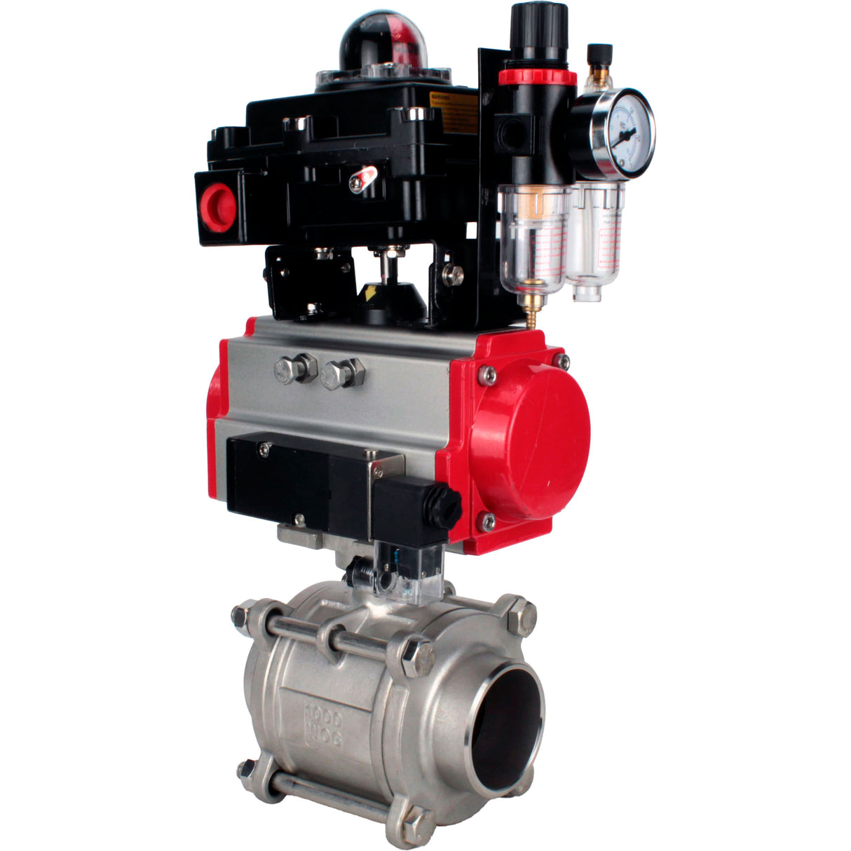 Ball valves Elephant BV3232P(3pc)-FP-W-ISO-H WDVF DN15-32 63 bar full bore, body - 316 stainless steel, seal - PTFE, for welding, with PA-DA pneumatic actuator, pneumatic distributor 4M310-08 NAMUR 24V, LSU APL-410N EX, ATU AFC2000