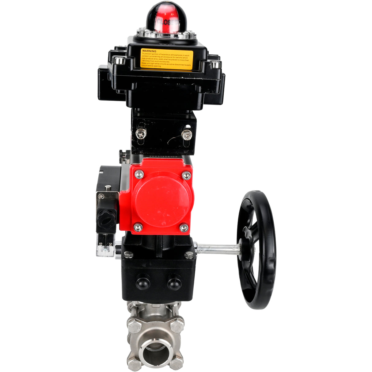 Ball valves Elephant BV3232P(3pc)-FP-W-ISO-H WDVF DN15-32 63 bar full bore, 316 stainless steel, seal - PTFE, for welding, with PA-DA pneumatic actuator, pneumatic distributor 4M310-08 NAMUR 24V, LSU APL-410N EX, manual backup for MON