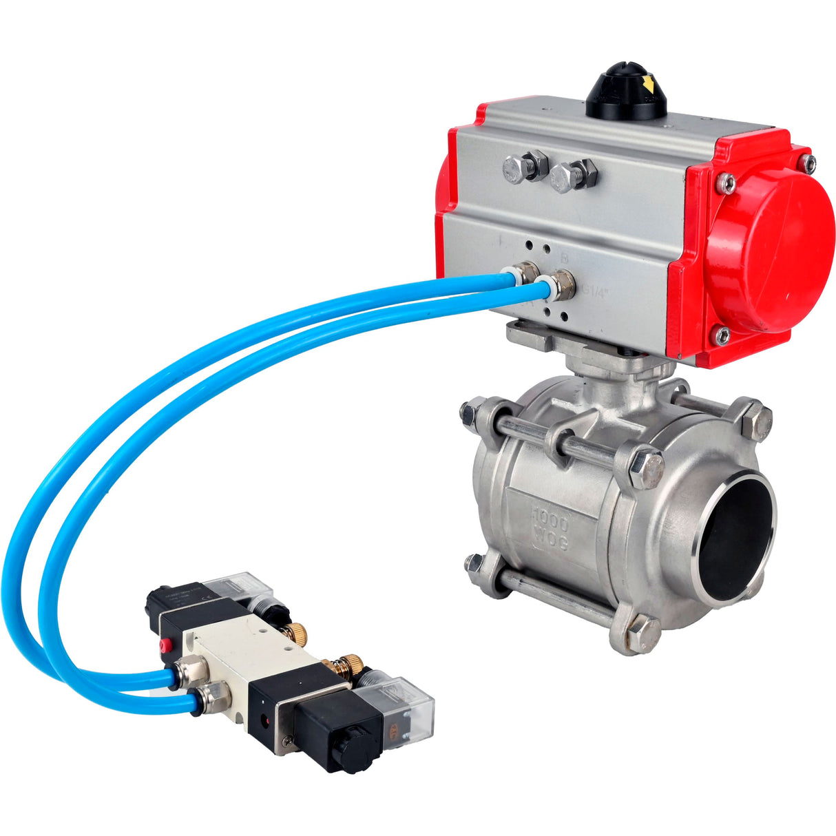 Ball valves Elephant BV3232P(3pc)-FP-W-ISO-H WDVF DN15-32 63 bar full bore, body - 316 stainless steel, seal - PTFE, for welding, with PA-DA pneumatic actuator, pneumatic distributor 4V320-08 220V