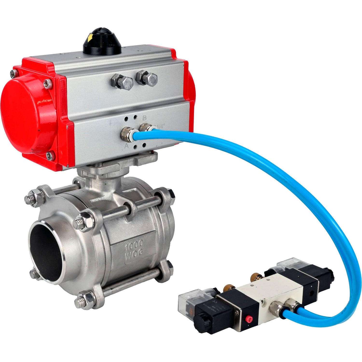 Ball valves Elephant BV3232P(3pc)-FP-W-ISO-H WDVF DN15-32 63 bar full bore, body - 316 stainless steel, seal - PTFE, for welding, with PA-DA pneumatic actuator, pneumatic distributor 4V320-08 220V