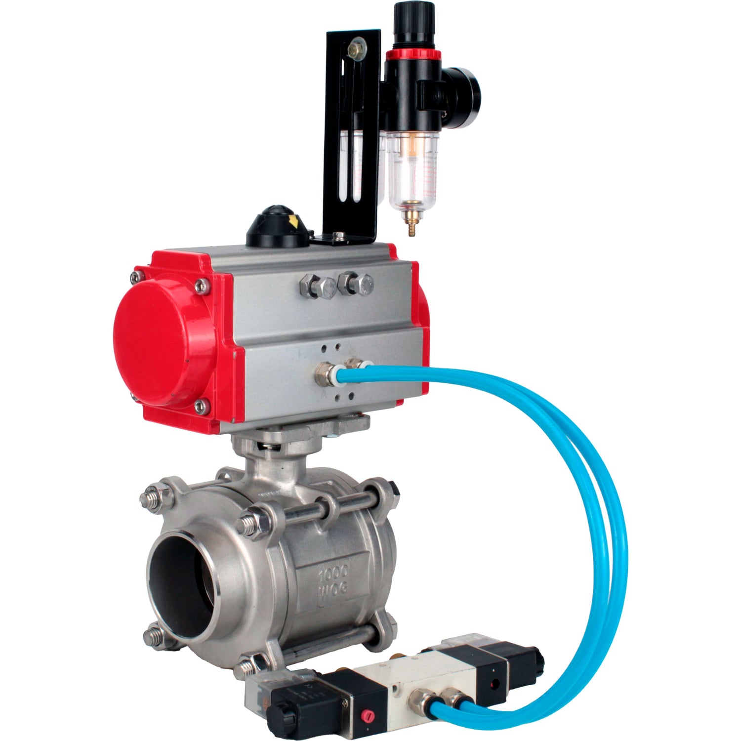 Ball valves Elephant BV3232P(3pc)-FP-W-ISO-H WDVF DN15-32 63 bar full bore, body - 316 stainless steel, seal - PTFE, for welding, with PA-DA pneumatic actuator, pneumatic distributor 4V320-08 220V, ATU AFC2000
