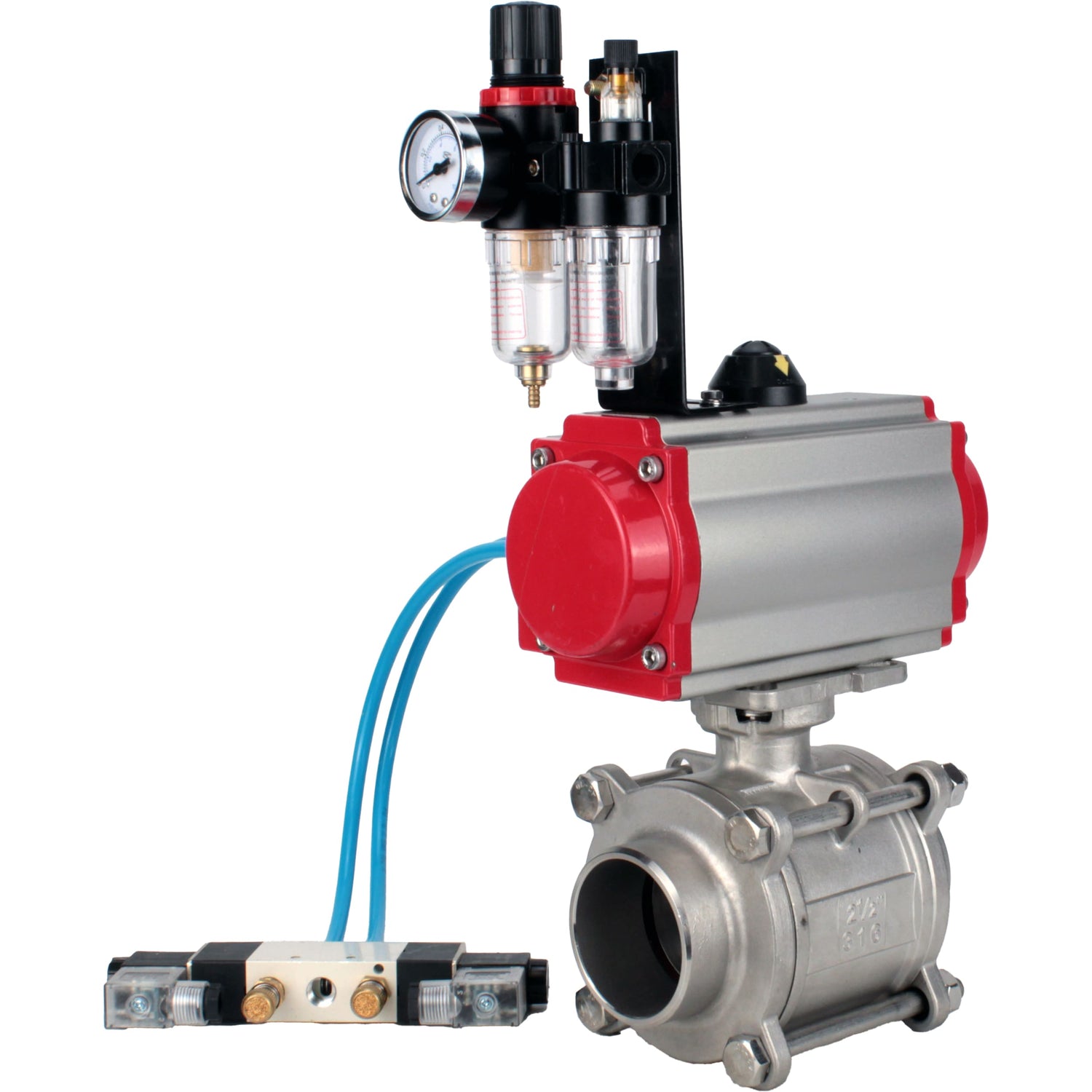 Ball valves Elephant BV3232P(3pc)-FP-W-ISO-H WDVF DN15-32 63 bar full bore, body - 316 stainless steel, seal - PTFE, for welding, with PA-DA pneumatic actuator, pneumatic distributor 4V320-08 220V, ATU AFC2000