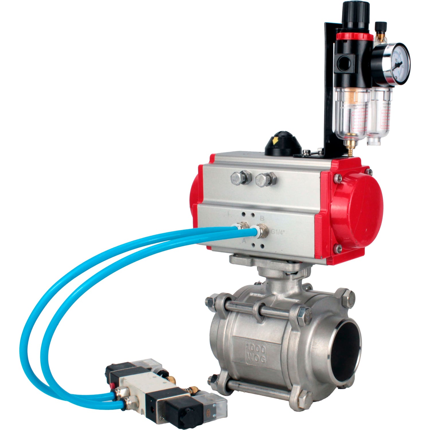 Ball valves Elephant BV3232P(3pc)-FP-W-ISO-H WDVF DN15-32 63 bar full bore, body - 316 stainless steel, seal - PTFE, for welding, with PA-DA pneumatic actuator, pneumatic distributor 4V320-08 220V, ATU AFC2000