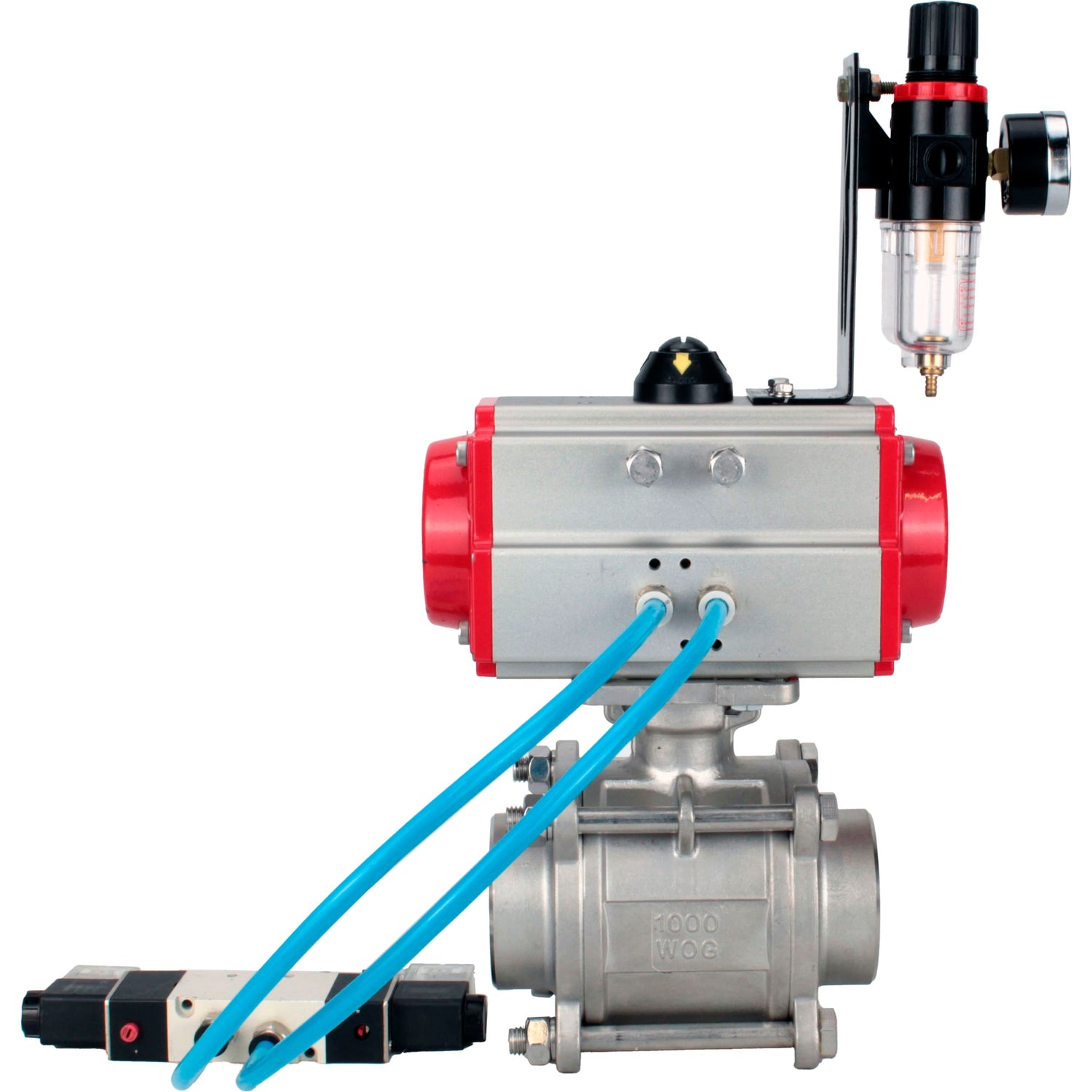 Ball valves Elephant BV3232P(3pc)-FP-W-ISO-H WDVF DN15-32 63 bar full bore, body - 316 stainless steel, seal - PTFE, for welding, with PA-DA pneumatic actuator, pneumatic distributor 4V320-08 220V, ATU AFC2000