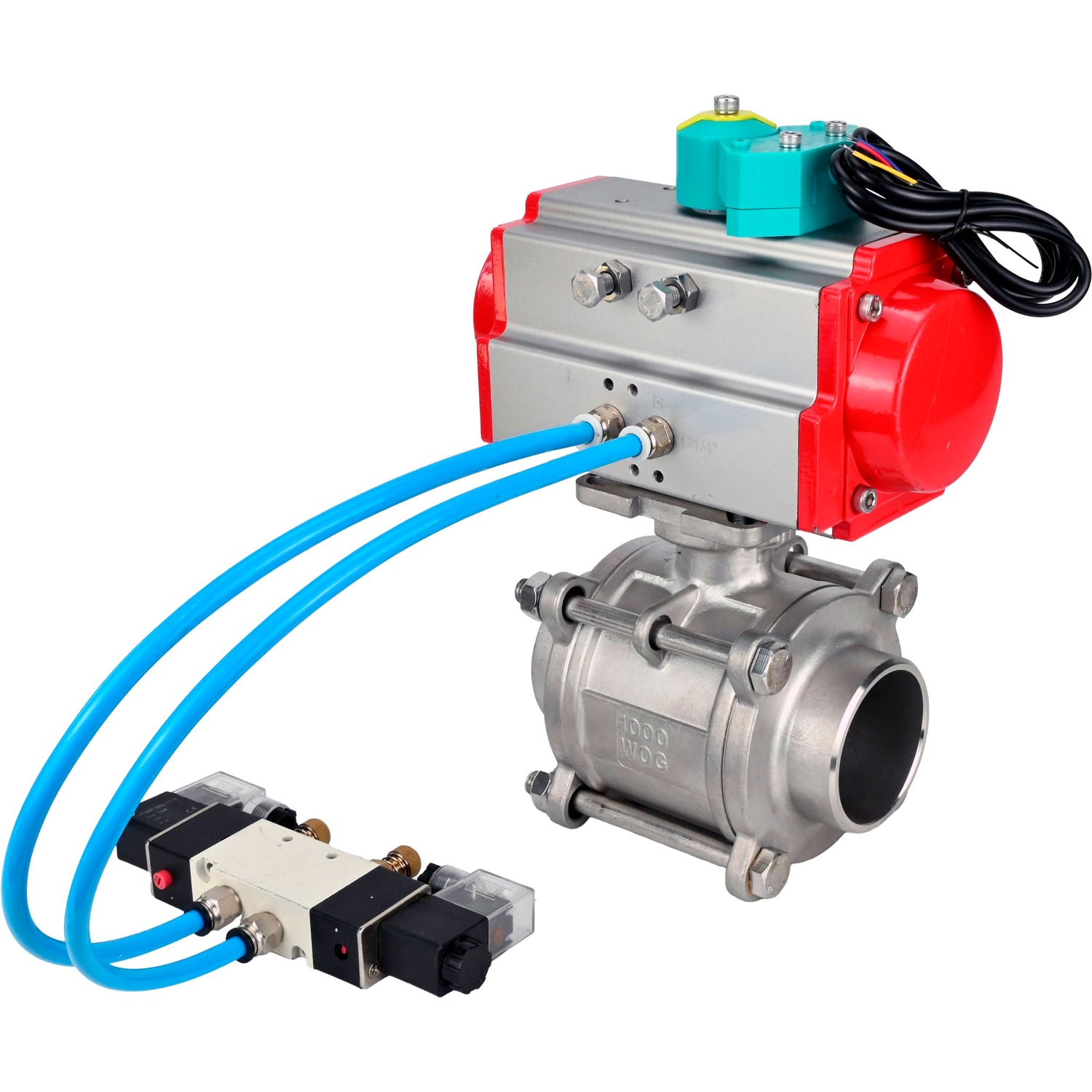 Ball valves Elephant BV3232P(3pc)-FP-W-ISO-H WDVF DN15-32 63 bar full bore, body - 316 stainless steel, seal - PTFE, for welding, with PA-DA pneumatic actuator, pneumatic distributor 4V320-08 220V and ALS200D magnetic switch