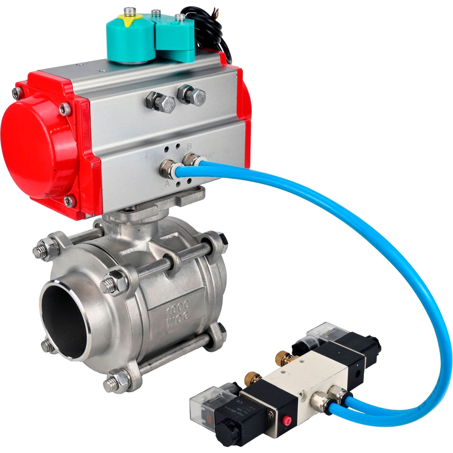 Ball valves Elephant BV3232P(3pc)-FP-W-ISO-H WDVF DN15-32 63 bar full bore, body - 316 stainless steel, seal - PTFE, for welding, with PA-DA pneumatic actuator, pneumatic distributor 4V320-08 220V and ALS200D magnetic switch