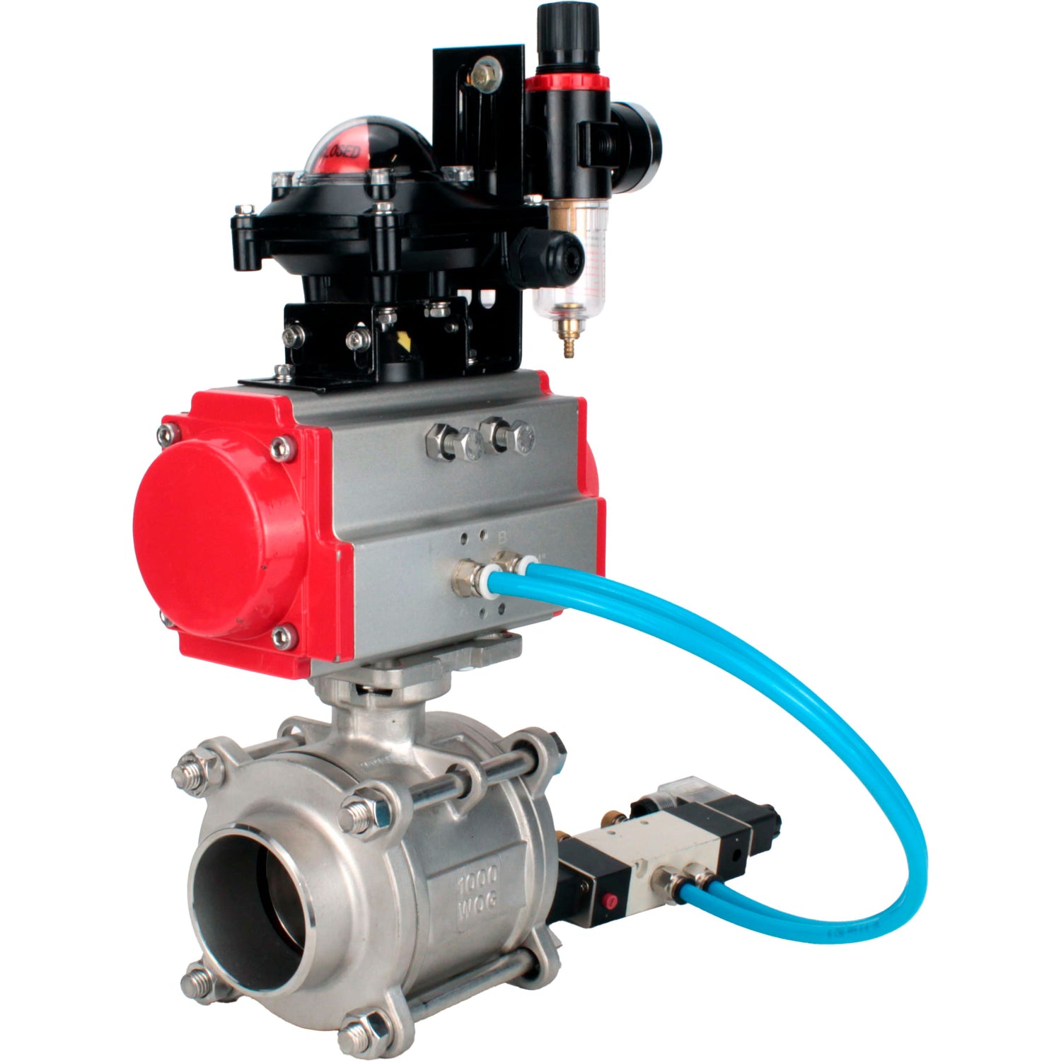 Ball valves Elephant BV3232P(3pc)-FP-W-ISO-H WDVF DN15-32 63 bar full bore, body - 316 stainless steel, seal - PTFE, for welding, with PA-SA pneumatic actuator, pneumatic distributor 4V320-10 220V, LSU APL-210N, ATU AFC2000