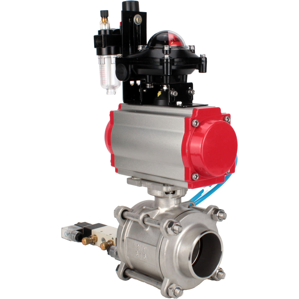 Ball valves Elephant BV3232P(3pc)-FP-W-ISO-H WDVF DN15-32 63 bar full bore, body - 316 stainless steel, seal - PTFE, for welding, with PA-SA pneumatic actuator, pneumatic distributor 4V320-10 220V, LSU APL-210N, ATU AFC2000