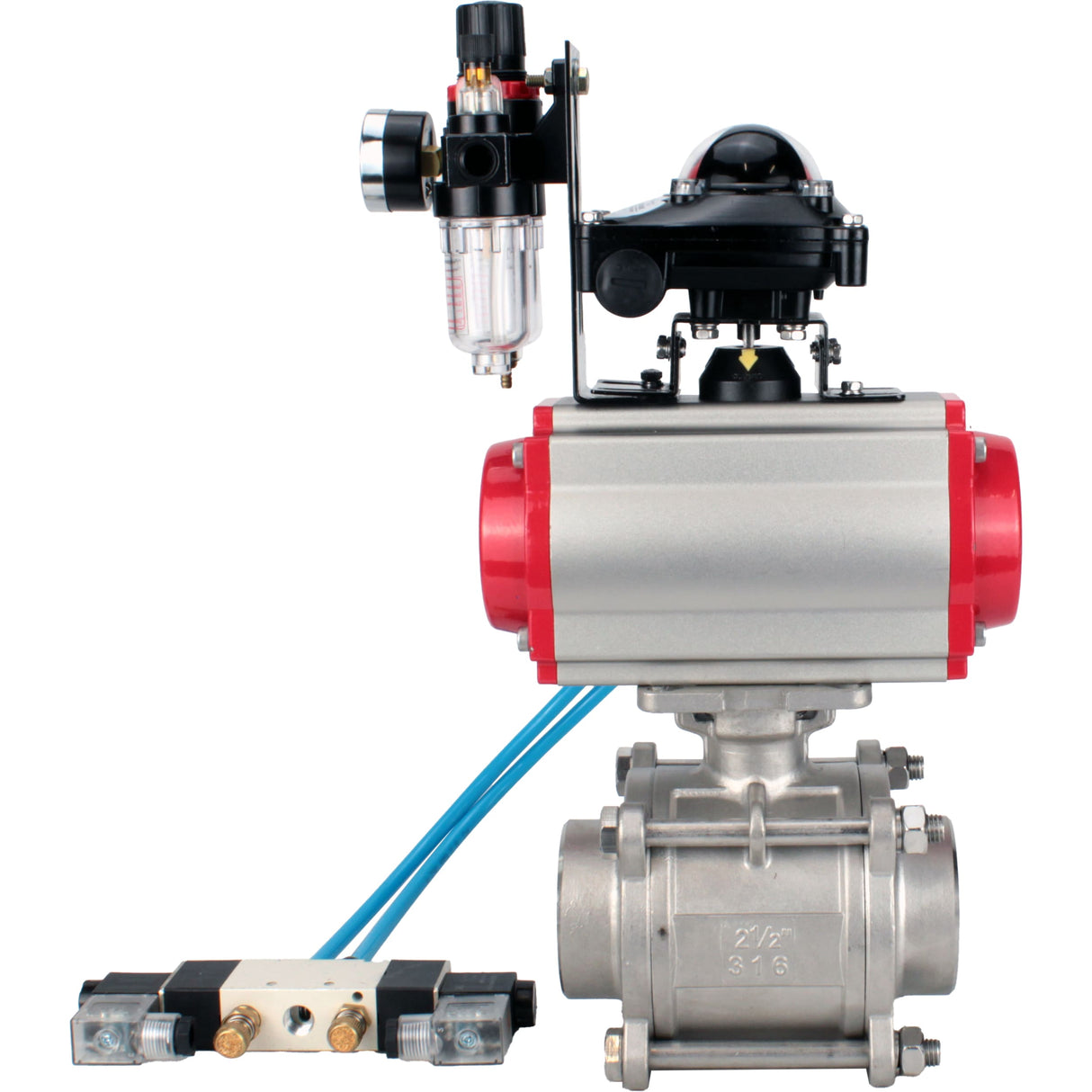 Ball valves Elephant BV3232P(3pc)-FP-W-ISO-H WDVF DN15-32 63 bar full bore, body - 316 stainless steel, seal - PTFE, for welding, with PA-SA pneumatic actuator, pneumatic distributor 4V320-10 220V, LSU APL-210N, ATU AFC2000
