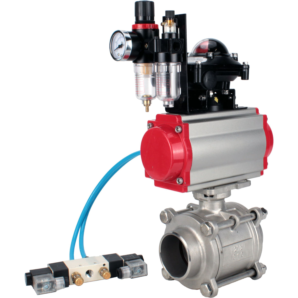 Ball valves Elephant BV3232P(3pc)-FP-W-ISO-H WDVF DN15-32 63 bar full bore, body - 316 stainless steel, seal - PTFE, for welding, with PA-SA pneumatic actuator, pneumatic distributor 4V320-10 220V, LSU APL-210N, ATU AFC2000