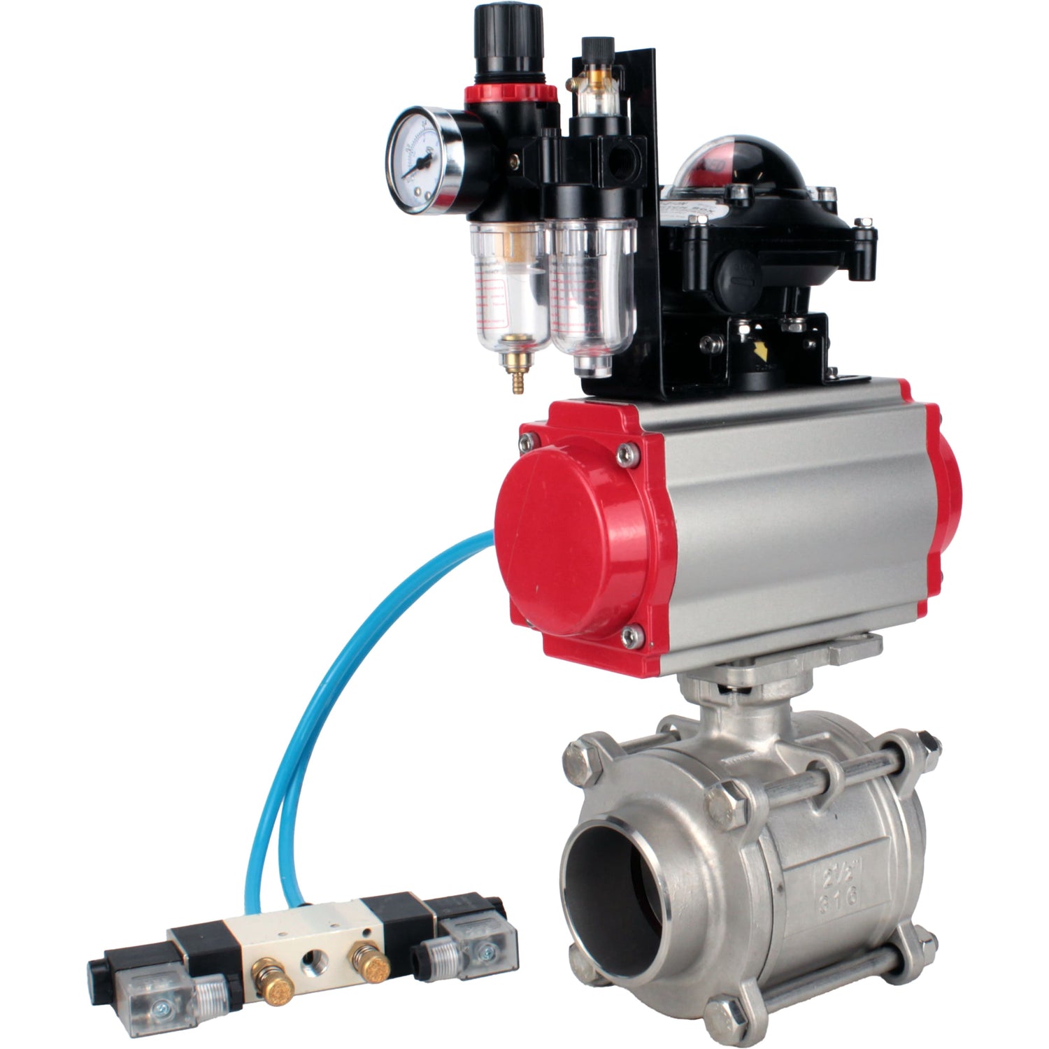 Ball valves Elephant BV3232P(3pc)-FP-W-ISO-H WDVF DN15-32 63 bar full bore, body - 316 stainless steel, seal - PTFE, for welding, with PA-SA pneumatic actuator, pneumatic distributor 4V320-10 220V, LSU APL-210N, ATU AFC2000