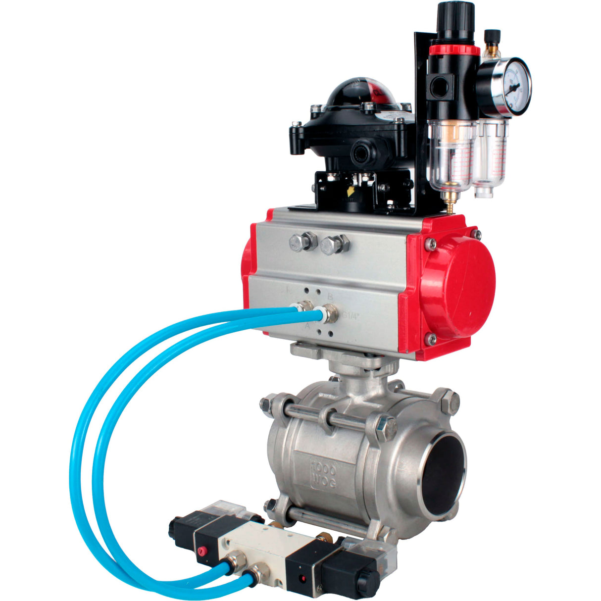 Ball valves Elephant BV3232P(3pc)-FP-W-ISO-H WDVF DN15-32 63 bar full bore, body - 316 stainless steel, seal - PTFE, for welding, with PA-SA pneumatic actuator, pneumatic distributor 4V320-10 220V, LSU APL-210N, ATU AFC2000