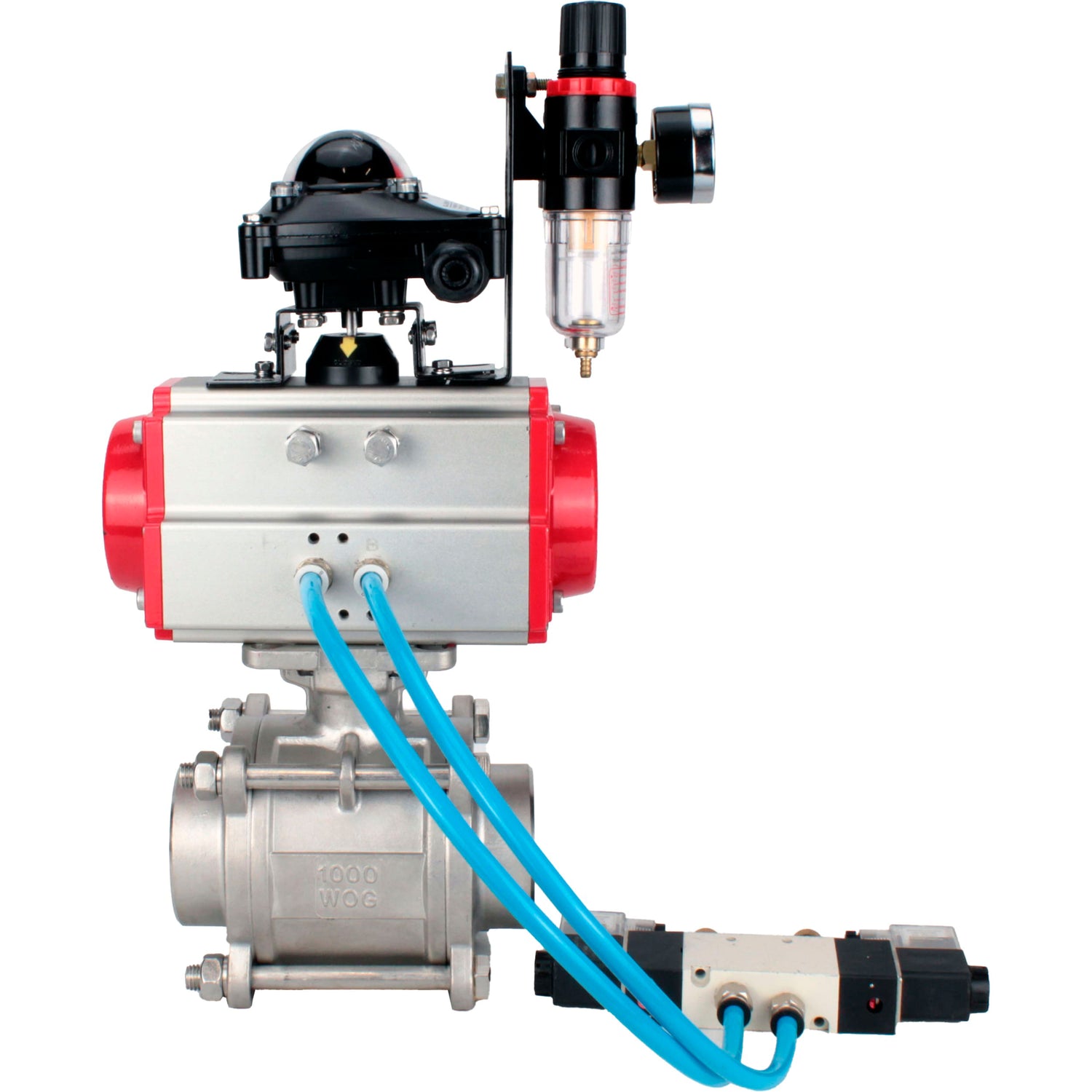 Ball valves Elephant BV3232P(3pc)-FP-W-ISO-H WDVF DN15-32 63 bar full bore, body - 316 stainless steel, seal - PTFE, for welding, with PA-SA pneumatic actuator, pneumatic distributor 4V320-10 220V, LSU APL-210N, ATU AFC2000