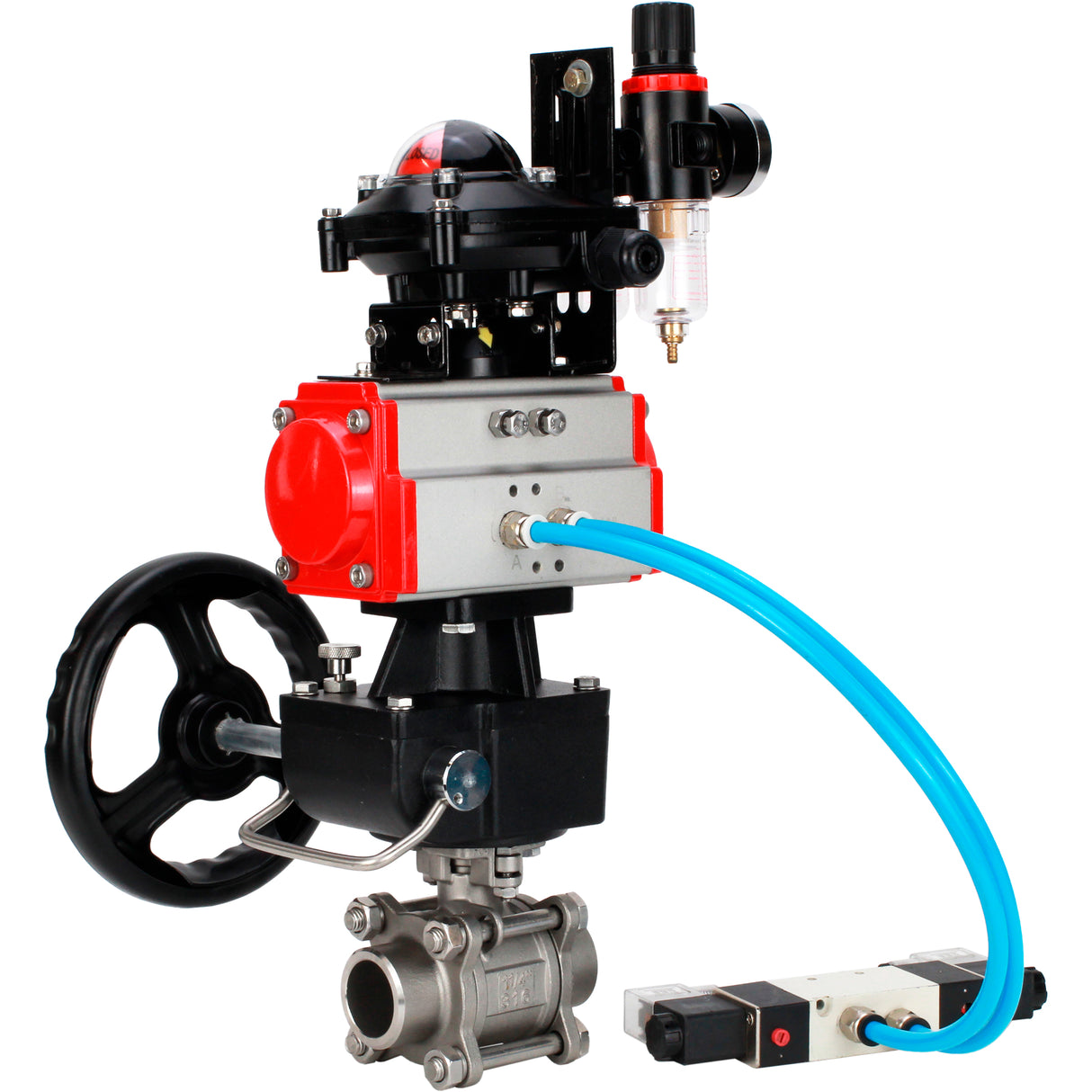 Ball valves Elephant BV3232P(3pc)-FP-W-ISO-H WDVF DN15-32 63 bar full bore, 316 stainless steel, seal - PTFE, for welding, with PA-DA pneumatic actuator, pneumatic distributor 4V320-08 220V, LSU APL-210N, manual backup for MON, ATU AFC2000