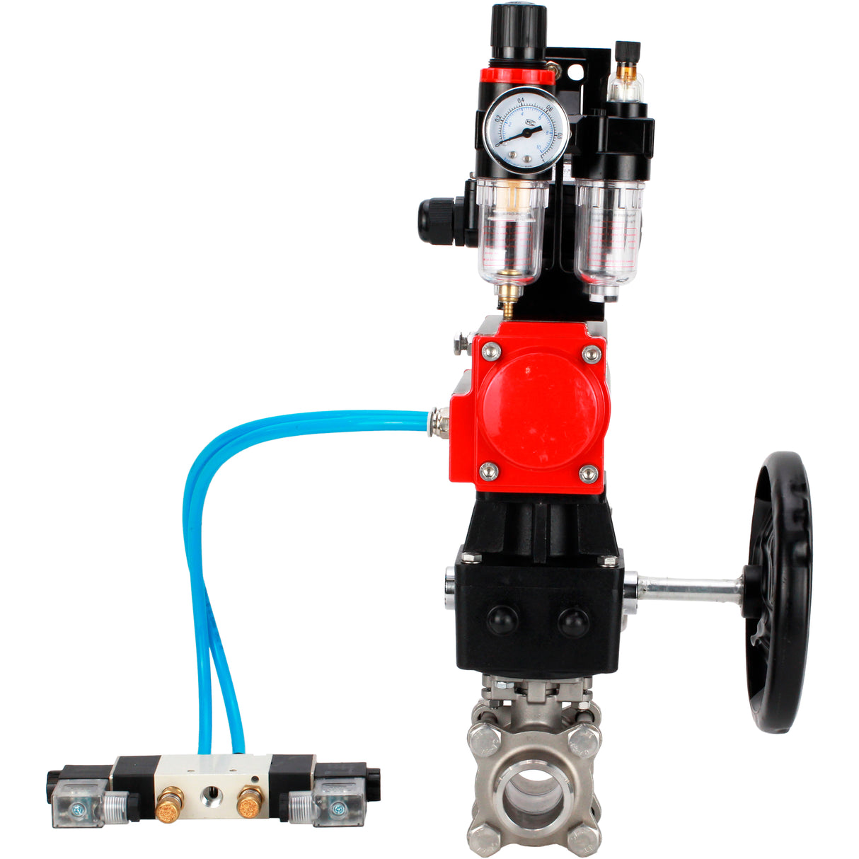 Ball valves Elephant BV3232P(3pc)-FP-W-ISO-H WDVF DN15-32 63 bar full bore, 316 stainless steel, seal - PTFE, for welding, with PA-DA pneumatic actuator, pneumatic distributor 4V320-08 220V, LSU APL-210N, manual backup for MON, ATU AFC2000