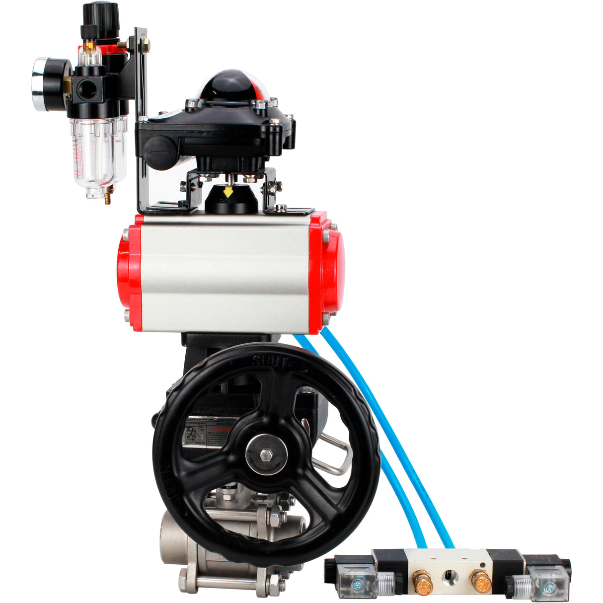 Ball valves Elephant BV3232P(3pc)-FP-W-ISO-H WDVF DN15-32 63 bar full bore, 316 stainless steel, seal - PTFE, for welding, with PA-DA pneumatic actuator, pneumatic distributor 4V320-08 220V, LSU APL-210N, manual backup for MON, ATU AFC2000