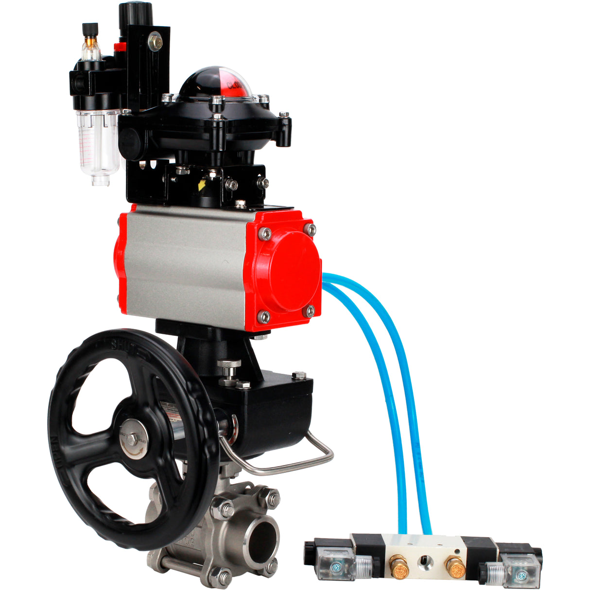 Ball valves Elephant BV3232P(3pc)-FP-W-ISO-H WDVF DN15-32 63 bar full bore, 316 stainless steel, seal - PTFE, for welding, with PA-DA pneumatic actuator, pneumatic distributor 4V320-08 220V, LSU APL-210N, manual backup for MON, ATU AFC2000