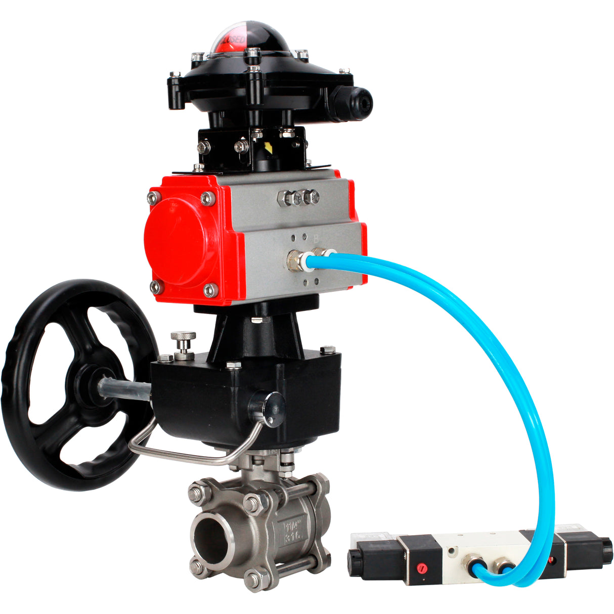 Ball valves Elephant BV3232P(3pc)-FP-W-ISO-H WDVF DN15-32 63 bar full bore, 316 stainless steel, seal - PTFE, for welding, with PA-DA pneumatic actuator, pneumatic distributor 4V320-08 220V, LSU APL-210N, manual backup for MON