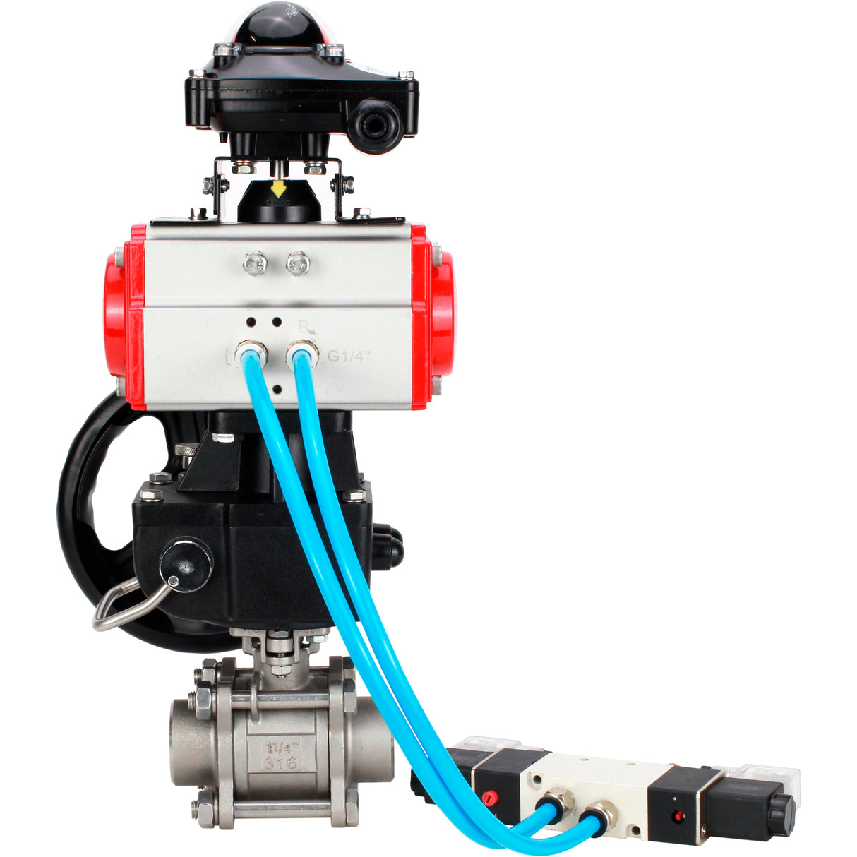 Ball valves Elephant BV3232P(3pc)-FP-W-ISO-H WDVF DN15-32 63 bar full bore, 316 stainless steel, seal - PTFE, for welding, with PA-DA pneumatic actuator, pneumatic distributor 4V320-08 220V, LSU APL-210N, manual backup for MON