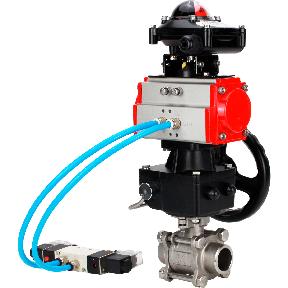 Ball valves Elephant BV3232P(3pc)-FP-W-ISO-H WDVF DN15-32 63 bar full bore, 316 stainless steel, seal - PTFE, for welding, with PA-DA pneumatic actuator, pneumatic distributor 4V320-08 220V, LSU APL-210N, manual backup for MON