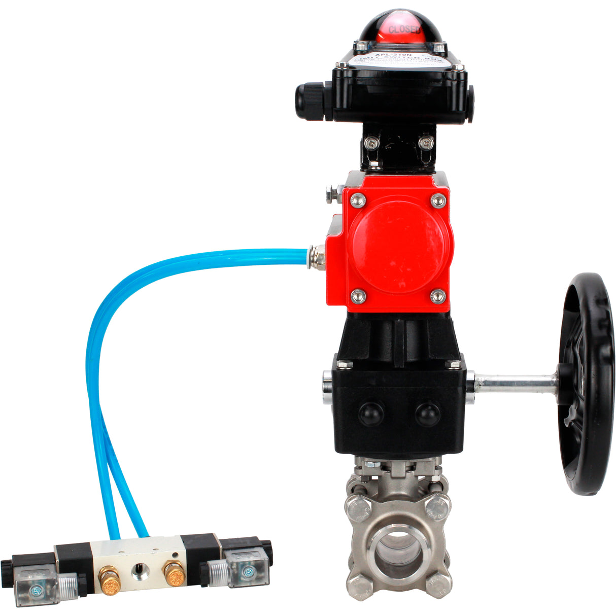 Ball valves Elephant BV3232P(3pc)-FP-W-ISO-H WDVF DN15-32 63 bar full bore, 316 stainless steel, seal - PTFE, for welding, with PA-DA pneumatic actuator, pneumatic distributor 4V320-08 220V, LSU APL-210N, manual backup for MON