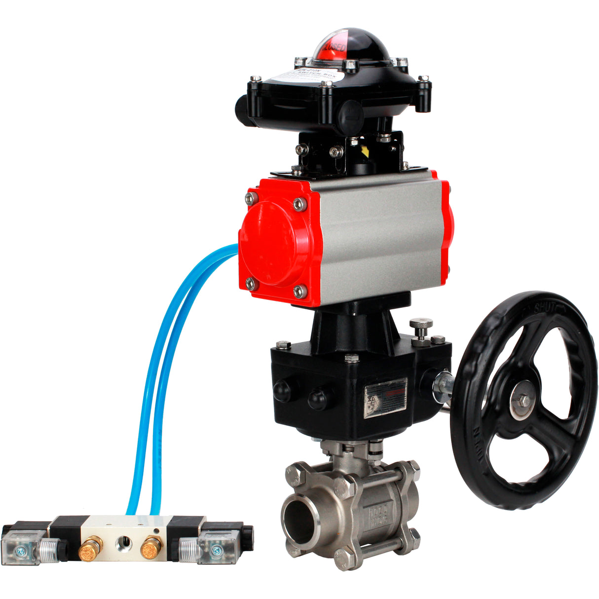 Ball valves Elephant BV3232P(3pc)-FP-W-ISO-H WDVF DN15-32 63 bar full bore, 316 stainless steel, seal - PTFE, for welding, with PA-DA pneumatic actuator, pneumatic distributor 4V320-08 220V, LSU APL-210N, manual backup for MON