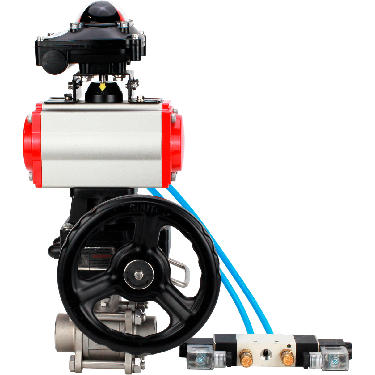 Ball valves Elephant BV3232P(3pc)-FP-W-ISO-H WDVF DN15-32 63 bar full bore, 316 stainless steel, seal - PTFE, for welding, with PA-DA pneumatic actuator, pneumatic distributor 4V320-08 220V, LSU APL-210N, manual backup for MON